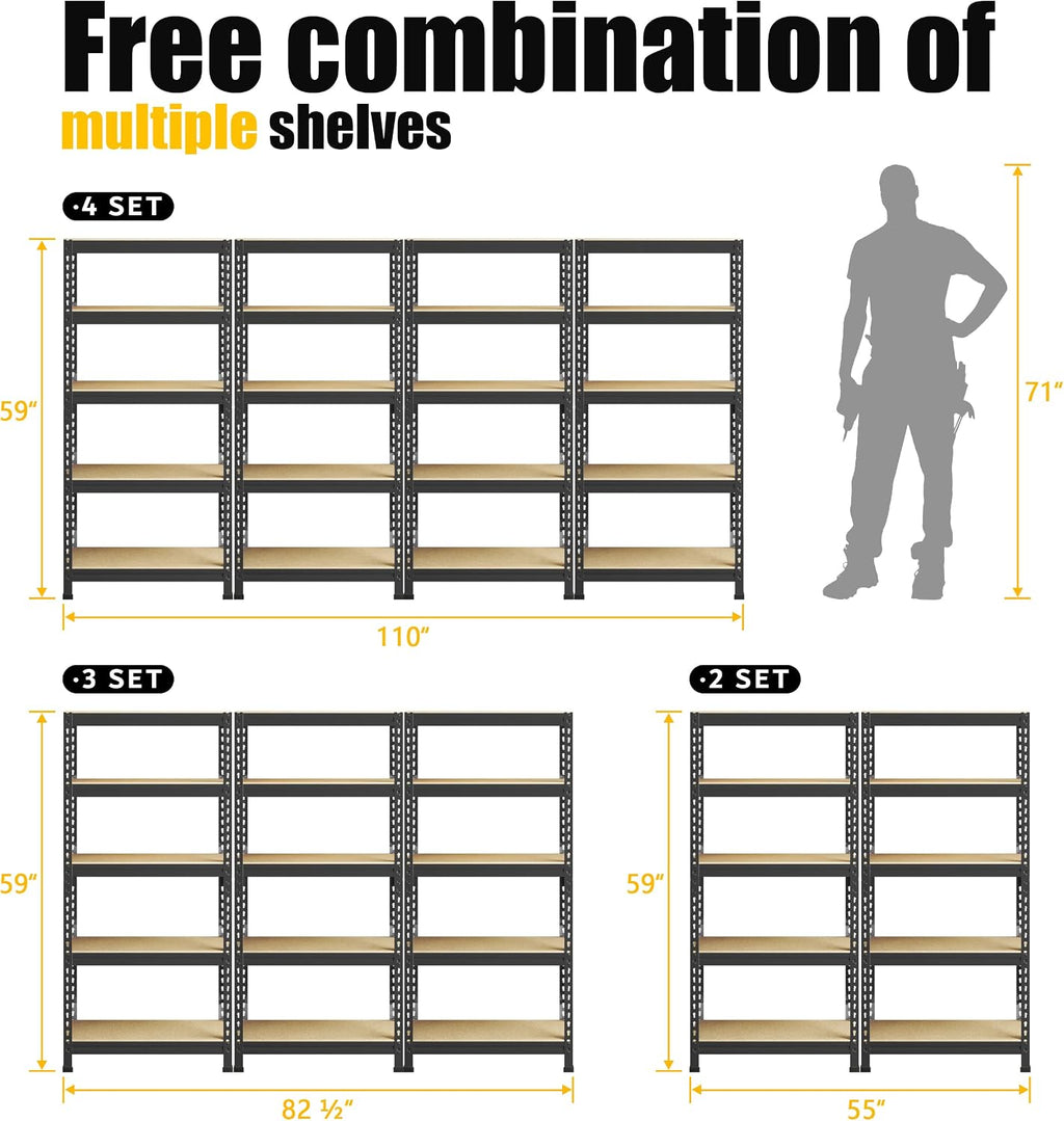 PrimeZone Storage Shelves 5 Pack 5 Tier Adjustable Garage Storage Shelving, Heavy Duty Metal Storage Utility Rack Organizer Shelf Unit for Warehouse Pantry Closet Kitchen Basement, Black