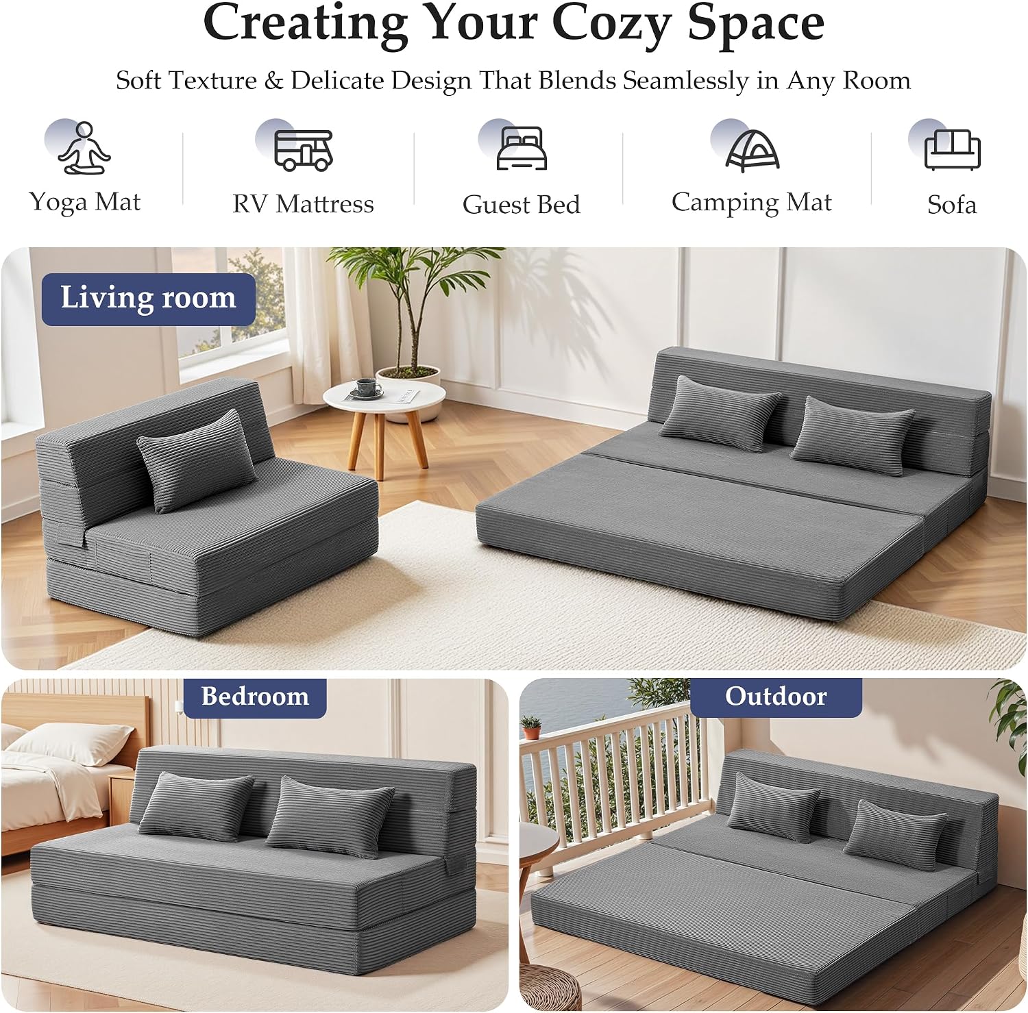 Youzi Folding Sofa Bed Convertible Sleeper Chair with Pillow, 4-in-1 Foldable Mattress Futon Couch Bed to Lounge Chair for Living Room, Bedroom, Dorm & Guest, Washable Cover, Dark Gray, Queen