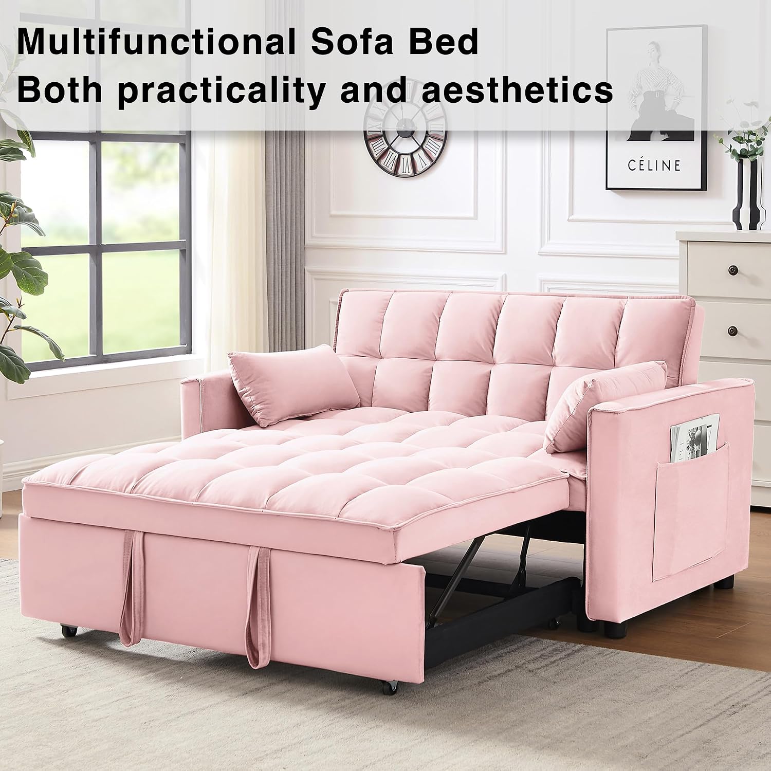 Wakefit 3 in 1 Convertible Sleeper Sofa Bed, Futon Couches for Living Room with Side Pocket | Adjustable Backrest| Velvet Fabric | Pull Out Couch | Recliner Loveseat | Sectional Sofa, Pink
