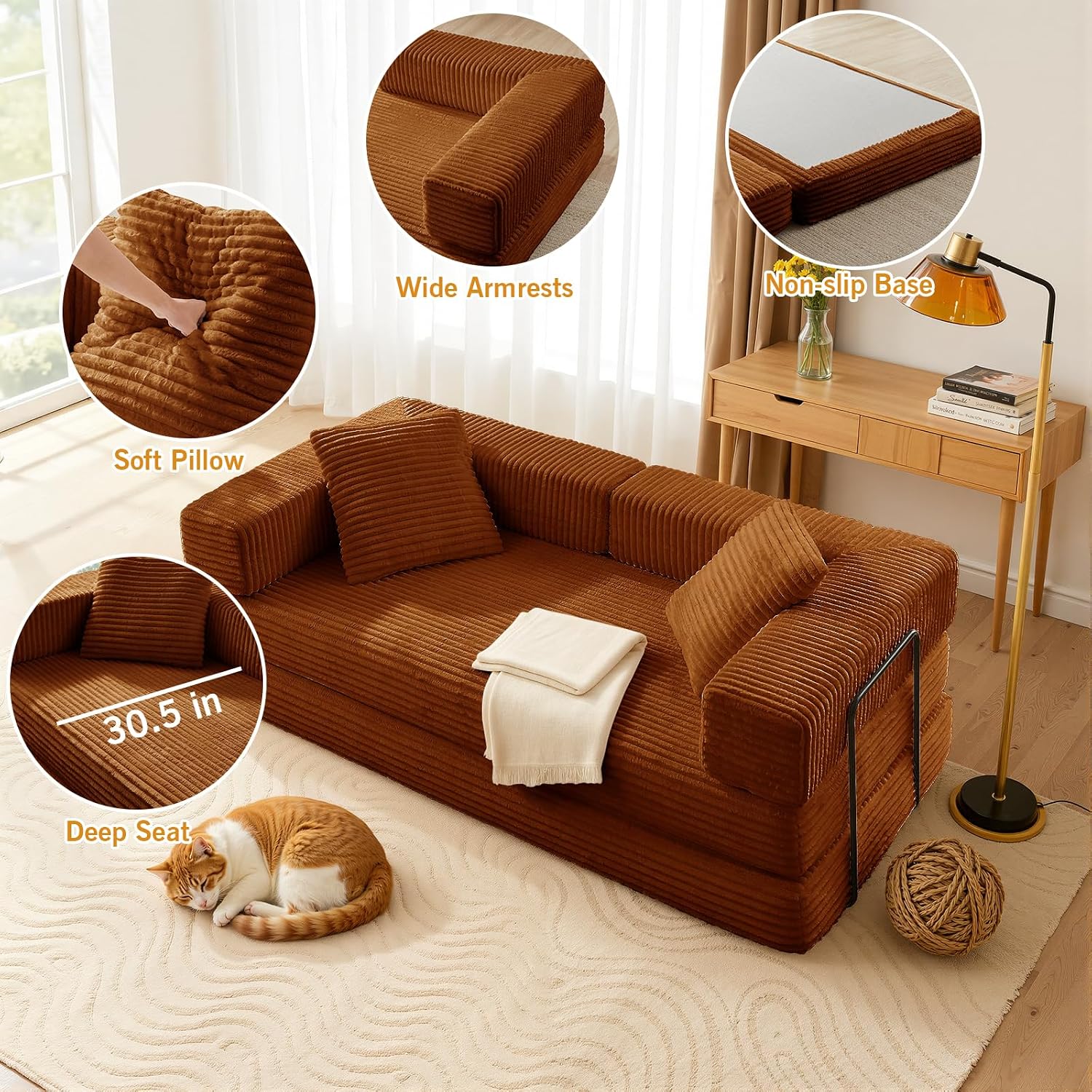 81'' Futon Sofa Bed, Folding Floor Couch Bed, Corduroy Fabric Boneless Couch, Compressed Boneless Sofa in a Box, Comfy Sleeper for Living Room-Orange