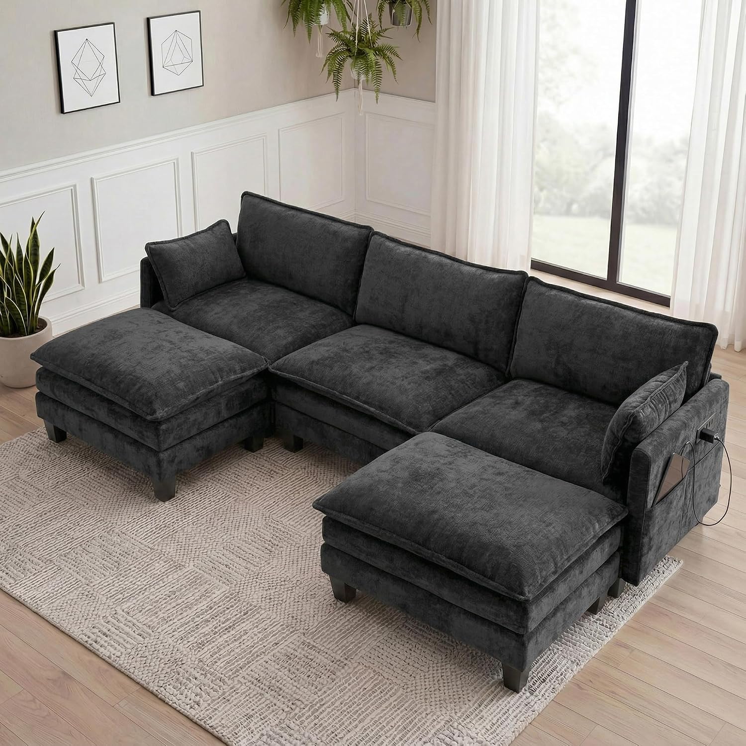 Eafurn Modular Sectional Sofa with Movable Ottomans for Living Room, 4 Seater Convertible U Shaped Sectional Couch Modern Reversible Chenille Sofa Set w/USB Ports and Side Pockets