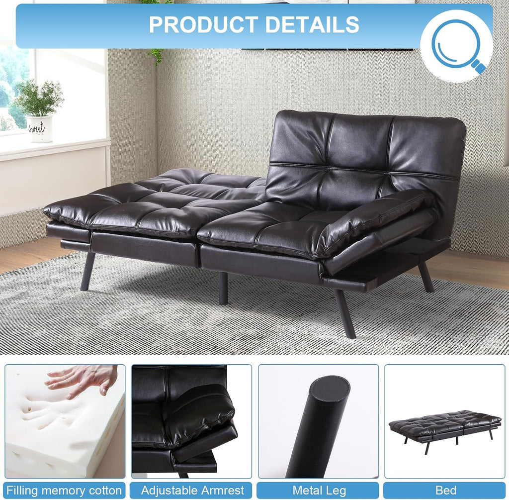 MUUEGM Futon Sofa Bed Couch Sofa, Memory Foam Futon Sleeper Sofa Loveseat Convertible Couch Bed for Small Compact Spaces, Apartment, Black