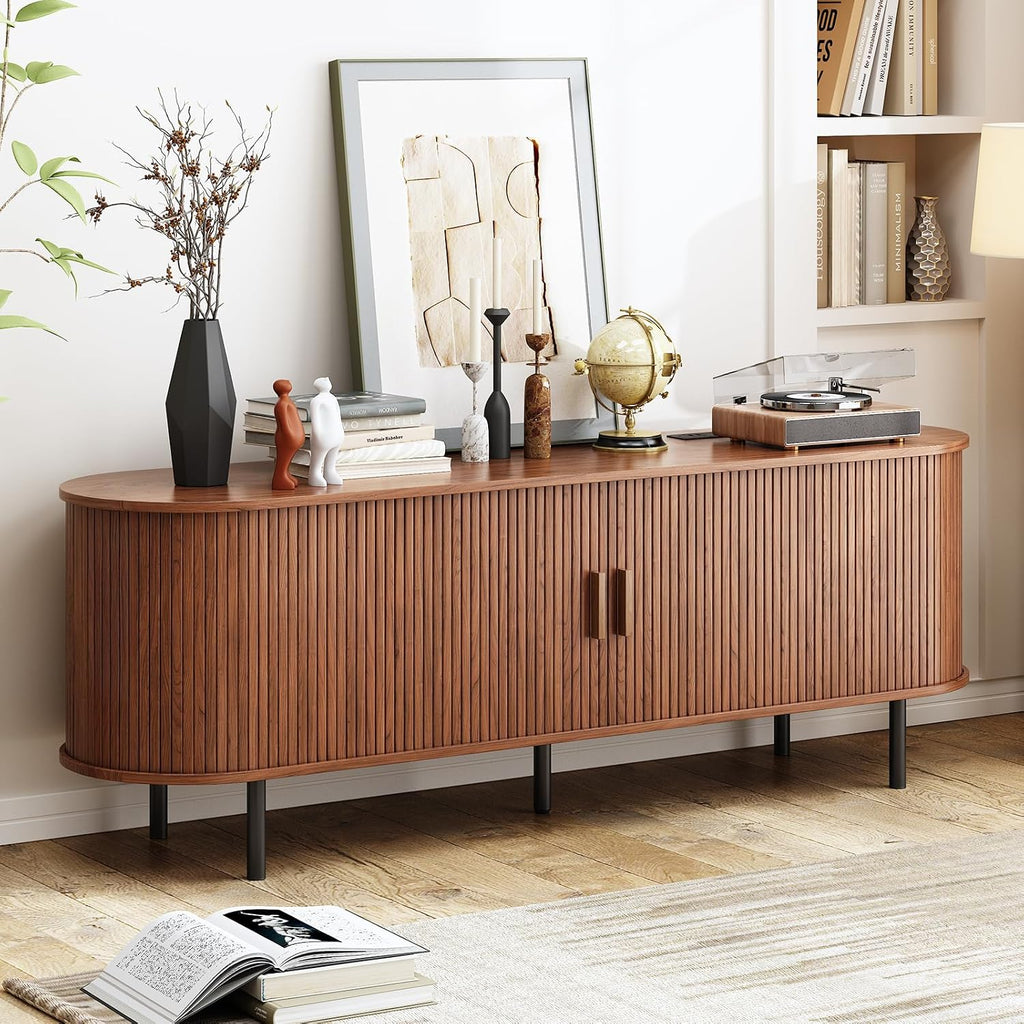 63' Fluted TV Stand with Power Outlet, Modern Media Console with Sliding Doors, Entertainment Center for TVs up to 60 Inch, Adjustable Shelves, Walnut