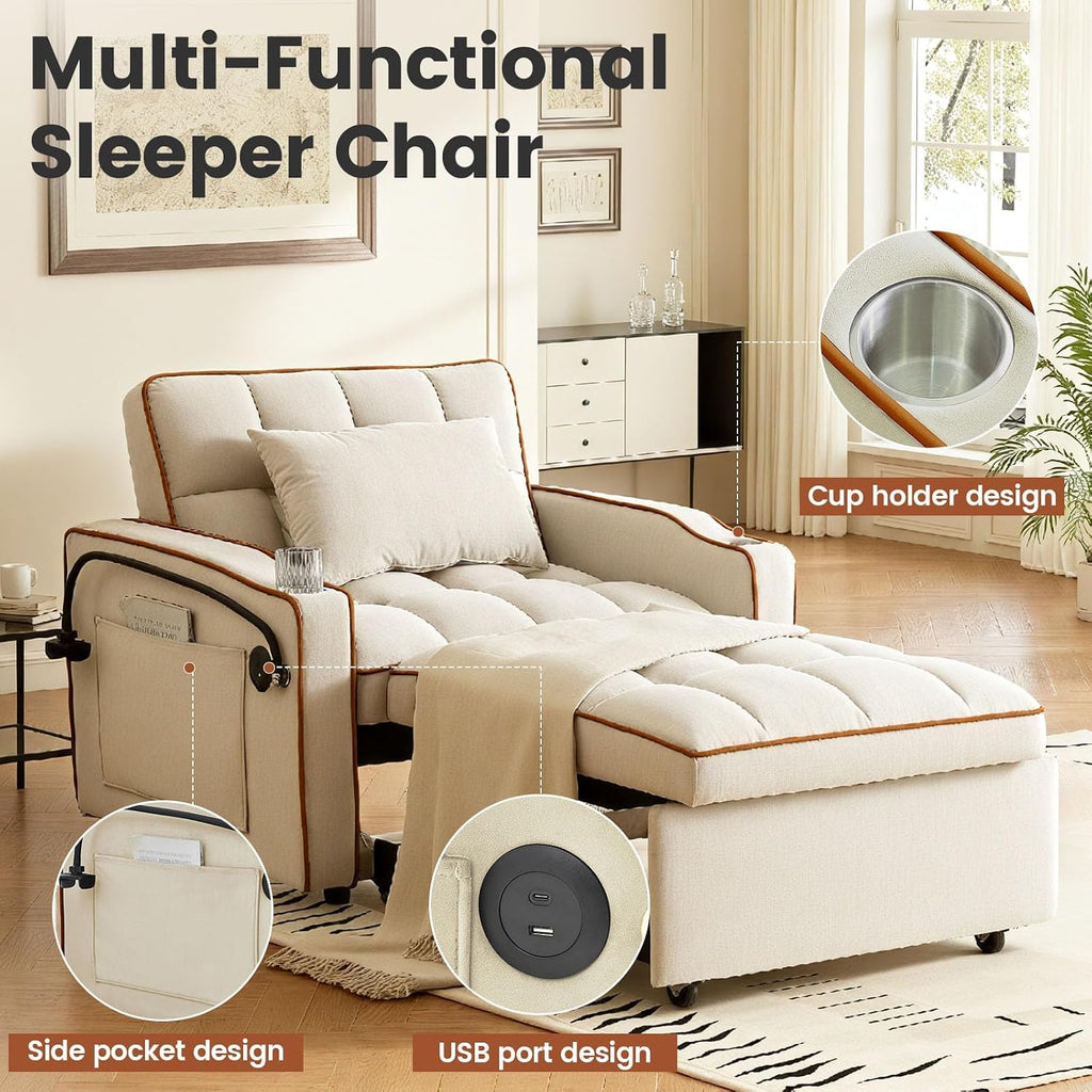 Convertible Sleeper Chair, Chairs Bed Sleepers for Adults, Pull Out Chair Sleeper with Bracket and Cup Holder, 3 in 1 Sofa Bed Chairs for Small Spaces, Living Room, White