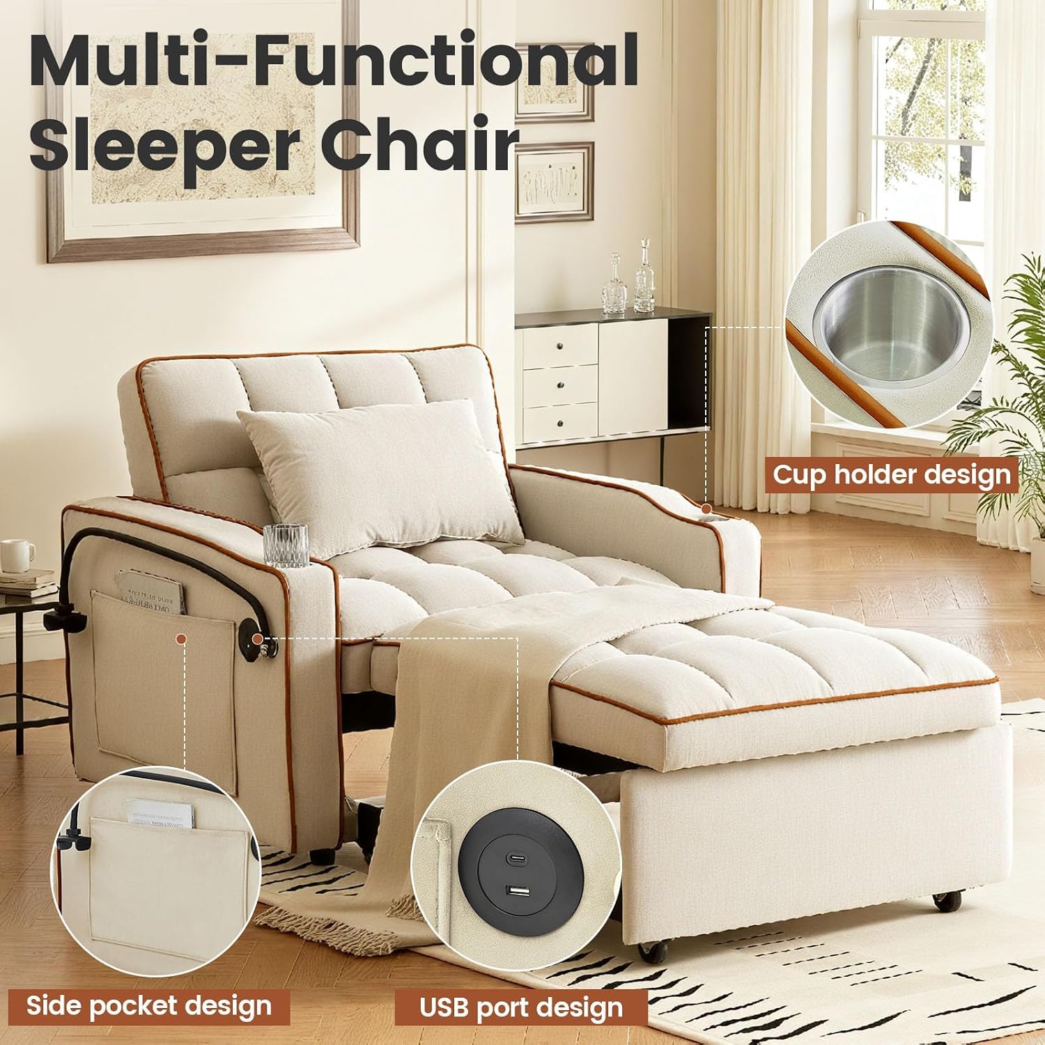 Convertible Sleeper Chair, Chairs Bed Sleepers for Adults, Pull Out Chair Sleeper with Bracket and Cup Holder, 3 in 1 Sofa Bed Chairs for Small Spaces, Living Room, White