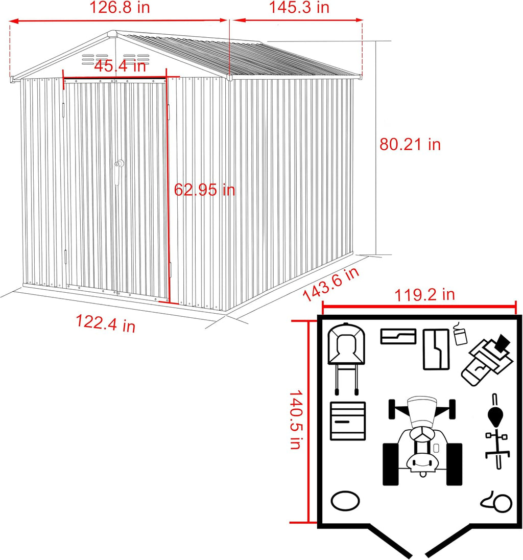 Yardenaler 10x12 FT Metal Storage Shed for Outdoors, Garden Tool Shed Kit with Doors and Lock, Waterproof Patio Utility Tool Shed for Backyard and Garden, Gray