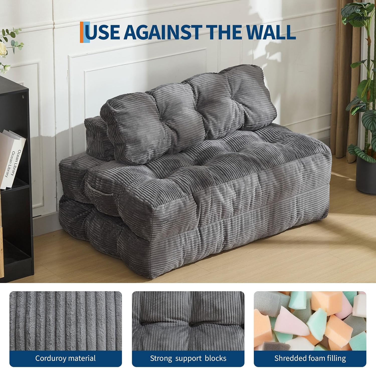 Folding Sofa Bed, 3-in-1 Convertible Sleeper Chair with Pillow, Double Futon Couch Bed with Back Support, Portable Fold Out Chair Bed Comfy Floor Sofa Lounge for Living Room Bedroom, Gray