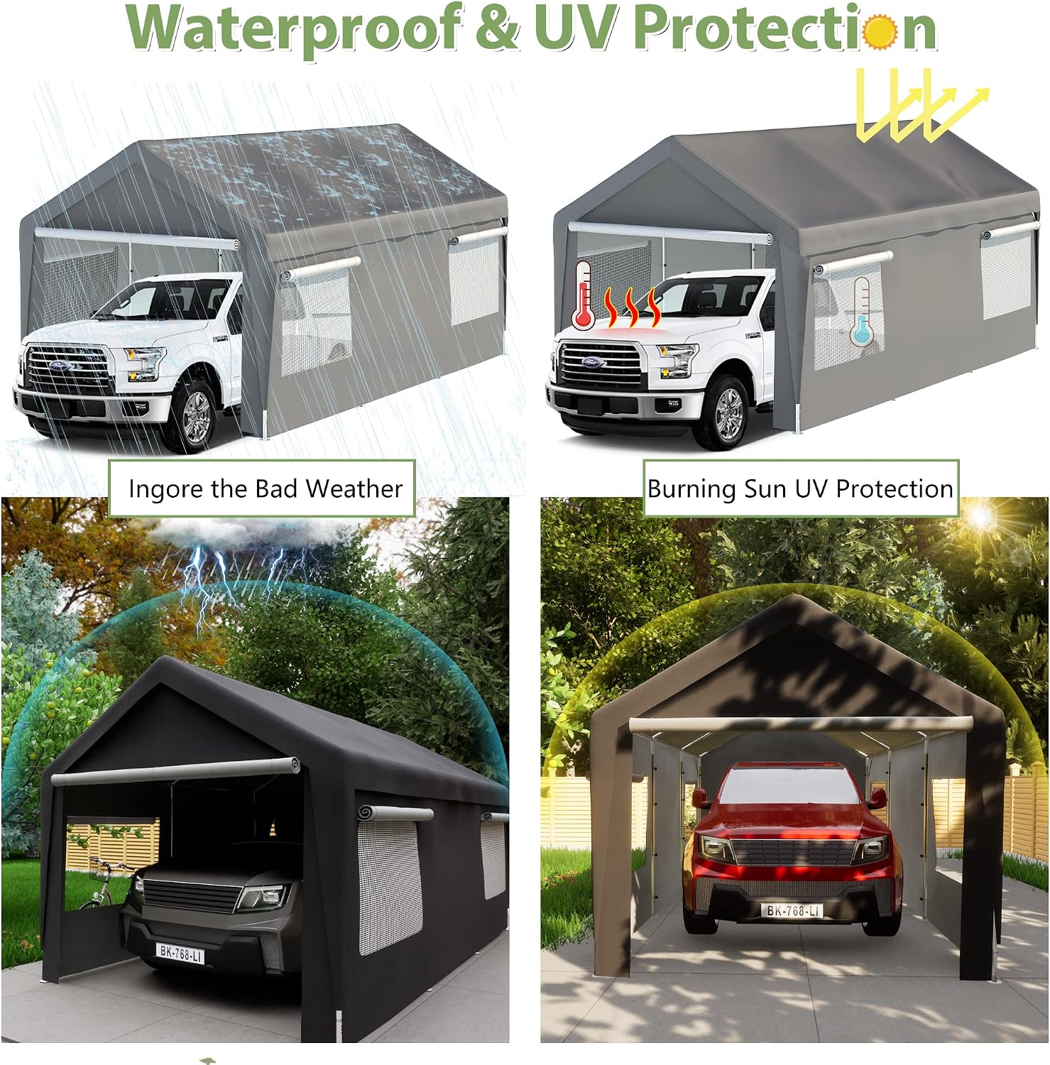 Thanaddo 10'x20' Heavy Duty Carport, Garage Car Canopy, with Roll-up Ventilated Windows, Car Shelter w/Side Tarps for Car, Truck, Boat,Gray
