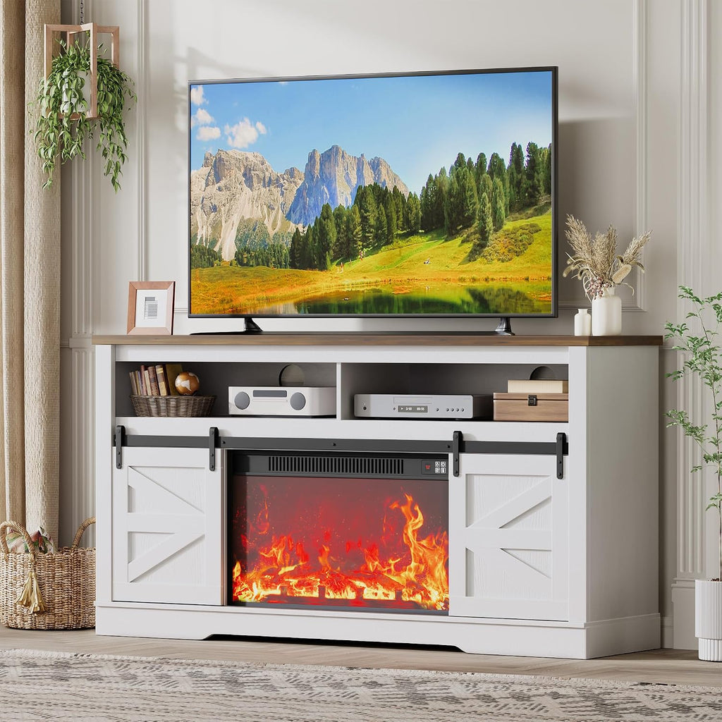 JUMMICO Fireplace TV Stand for 65+ Inch TV with 26'' Fireplace Entertainment Center with Storage Cabinet and Adjustable Shelves Media Console with Sliding Barn Door for Living Room (Bright White)