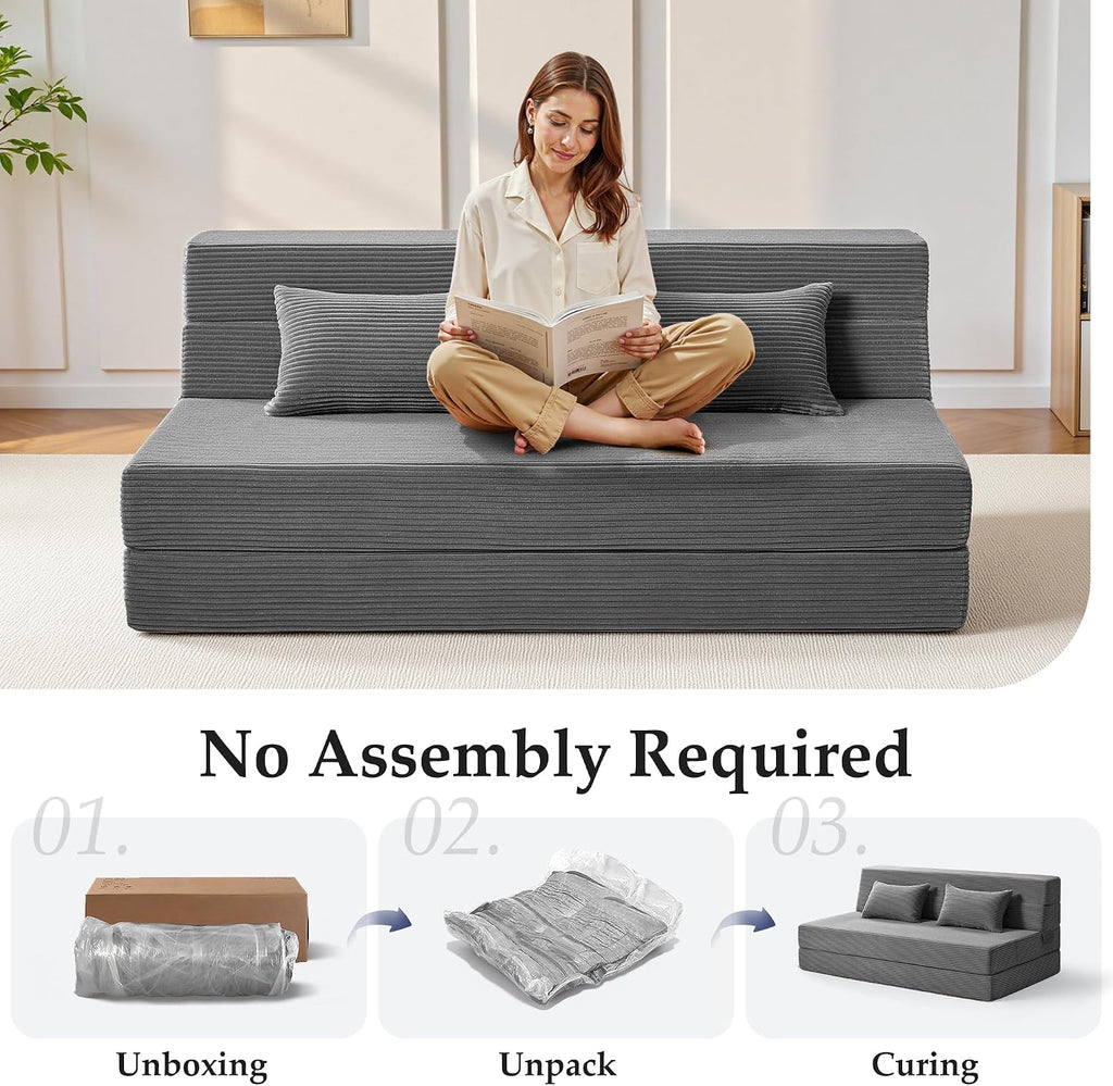 Youzi Folding Sofa Bed Convertible Sleeper Chair with Pillow, 4-in-1 Foldable Mattress Futon Couch Bed to Lounge Chair for Living Room, Bedroom, Dorm & Guest, Washable Cover, Dark Gray, Queen
