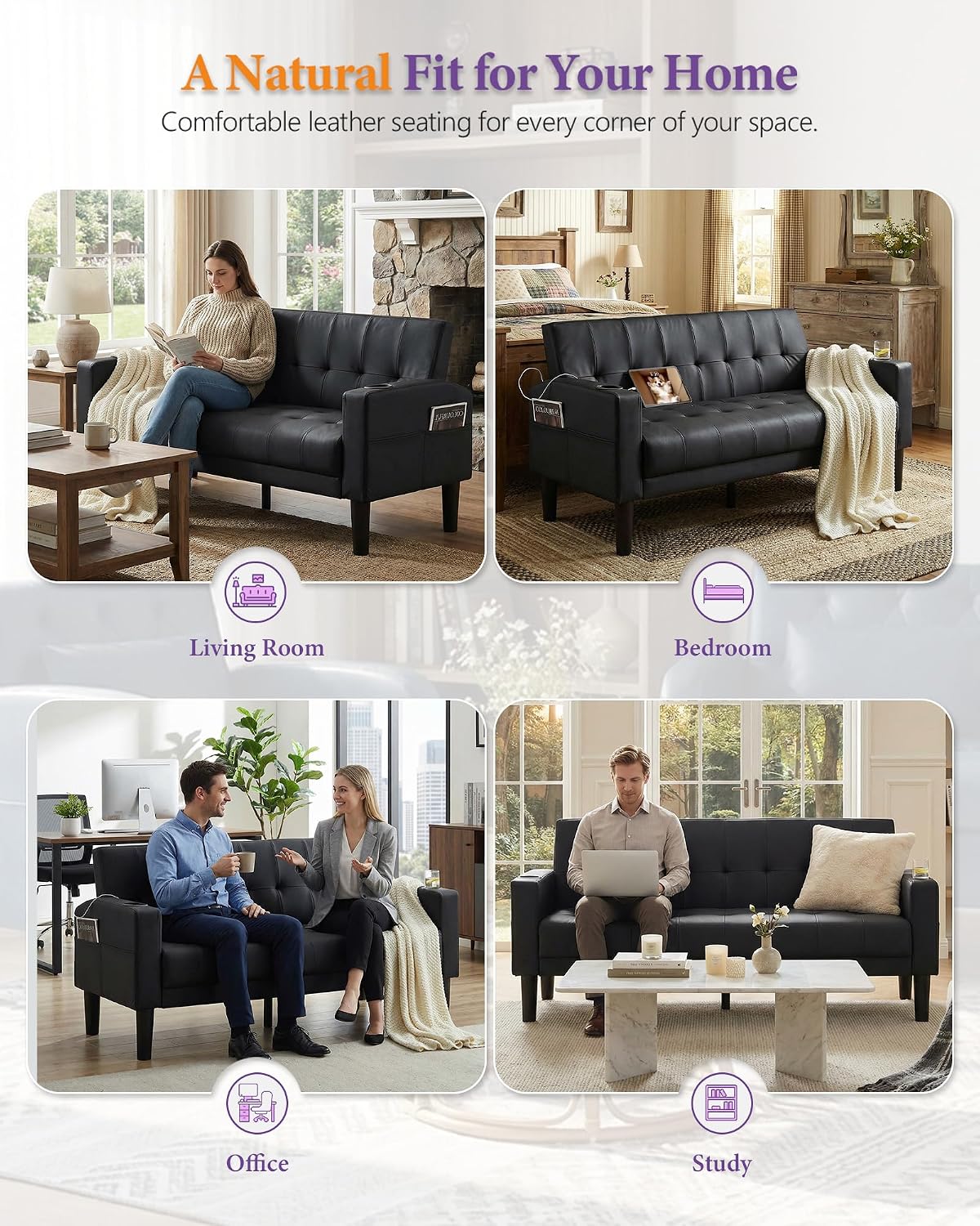 TYBOATLE Sofa Couch 62' W Loveseat w/ 2 USB Charger Ports & 2 Cupholders, Mid-Century Modern Black Faux Leather Tufted Small Love Seat Couches for Office,Compact Living Room,Bedroom,Apartment,Dorm