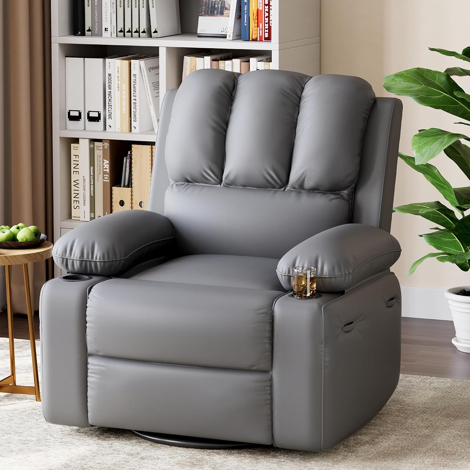 22'' Electric Recliner Chair for Adults, Swivel Rocker Recliner with Massage and Heat, Pu Leather Single Sofa with Cup Holder and Side Pocket, for Living Room, Bedroom, Grey