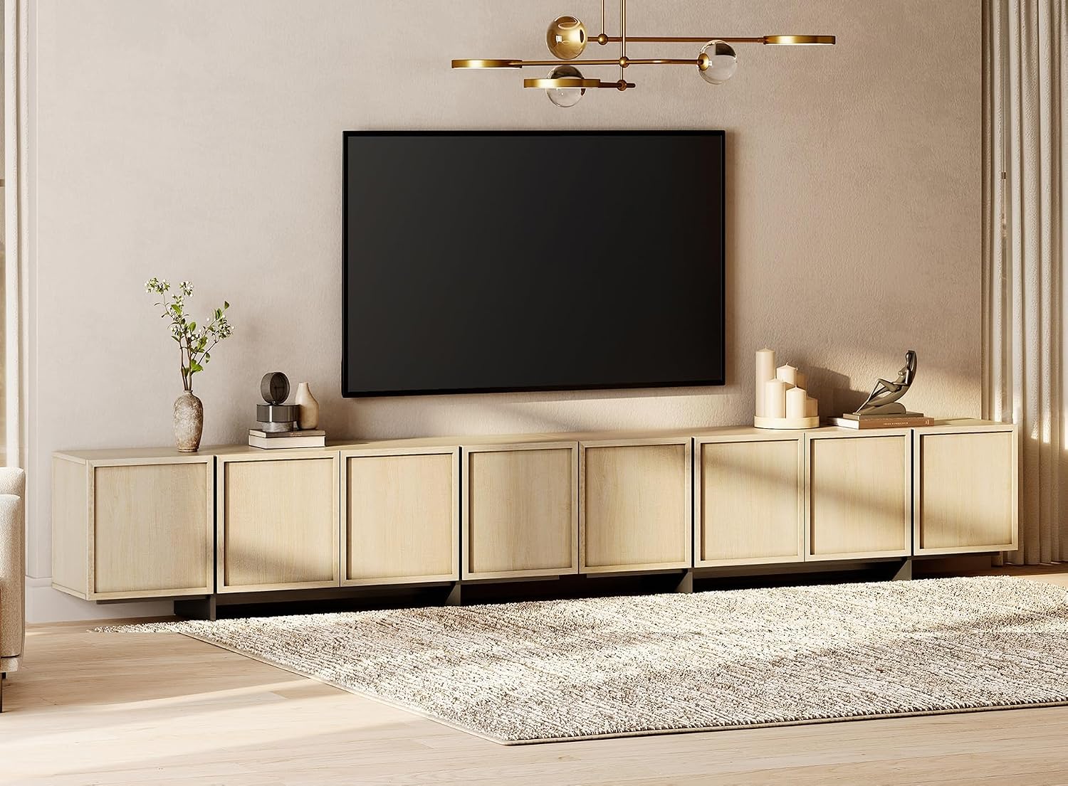 WAMPAT Modern TV Stand for 32-110 inch TVs, Wood Entertainment Center with Storage Cabinets, Media TV Console Table for Living Room, Light Oak