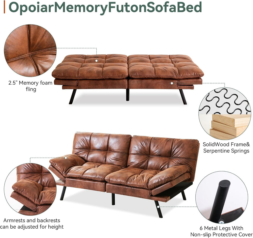 Opoiar 71' L Covertible Futon Sofa Bed,Faux Leather Futon Couch, Memory Foam Modern Loveseat Sleeper, Small Splitback Sofa Couches for Living Room,RV,Home Office,Apartment,Brown