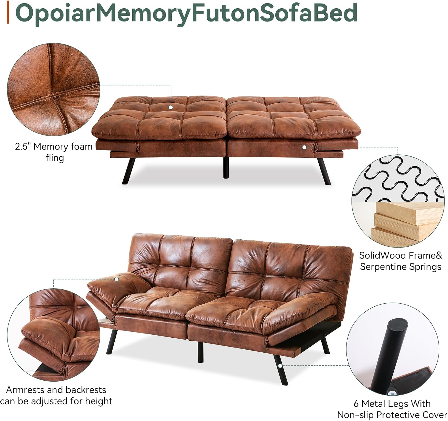 Opoiar 71' L Covertible Futon Sofa Bed,Faux Leather Futon Couch, Memory Foam Modern Loveseat Sleeper, Small Splitback Sofa Couches for Living Room,RV,Home Office,Apartment,Brown