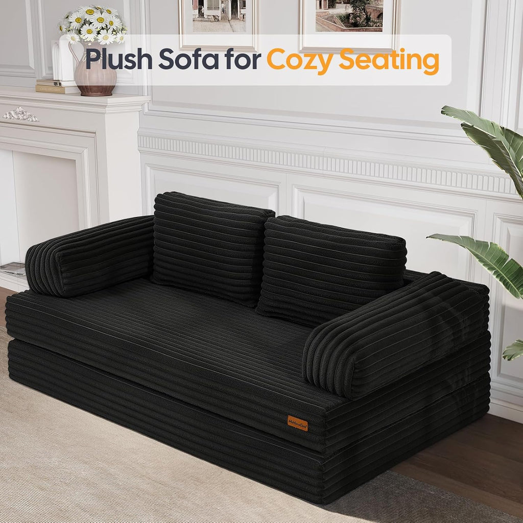 MeMoreCool Convertible Sofa Bed Black, Folding Floor Couch Bed Queen, Pull Out Sleeper Couch with Pillows, Corduroy Fold Out Futon Sofa for Bedroom Living Room Small Space