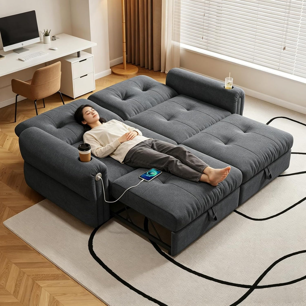 Convertible Couches, Queen Size Pull Out Sofa Bed with USB Charging Port and Cup Holders, Chenille Fabric Convertible Sofa Bed for Small Space, Living Room, Apartment, Guest Room, Dark Grey