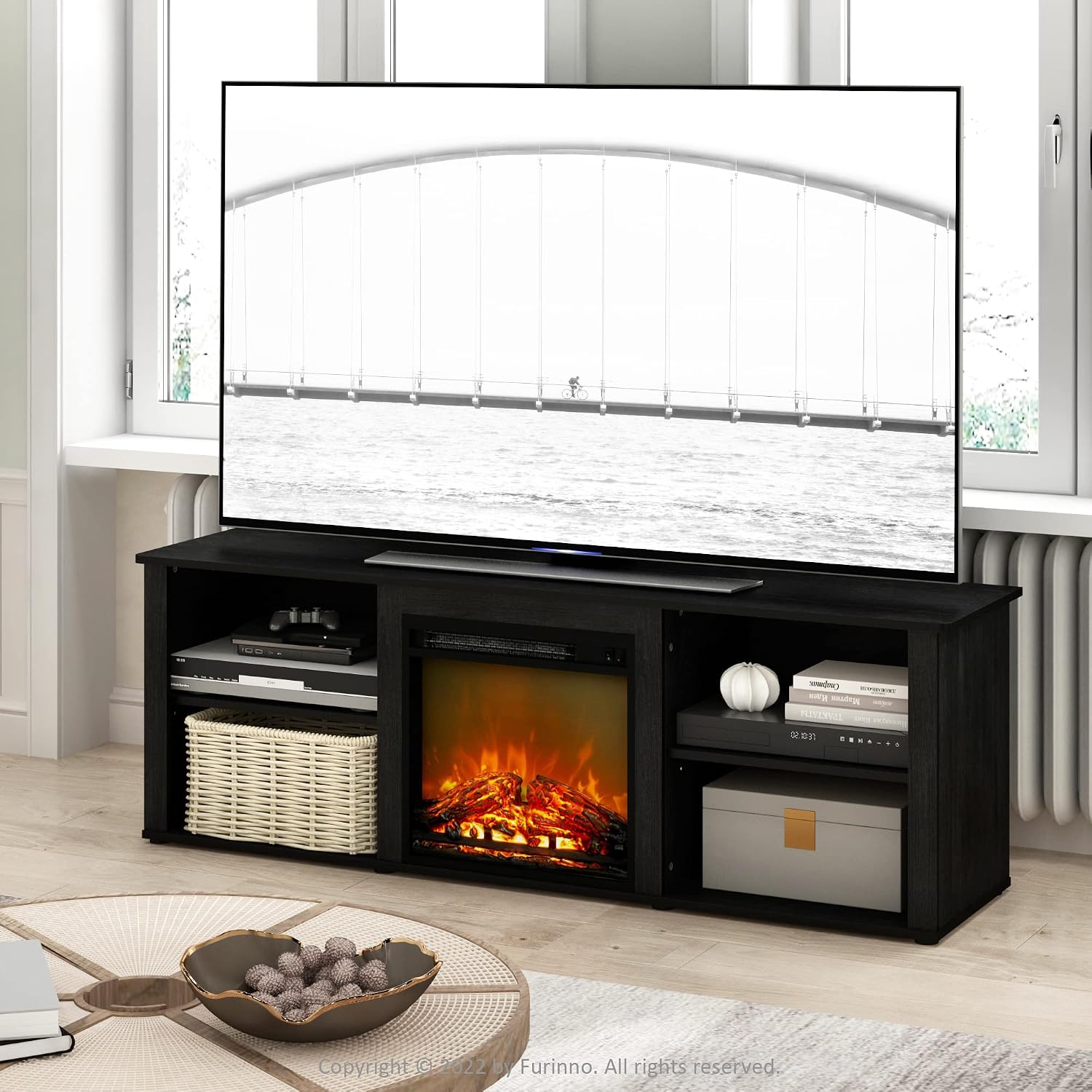 Furinno Classic 70 Inch TV Stand with Fireplace, Americano