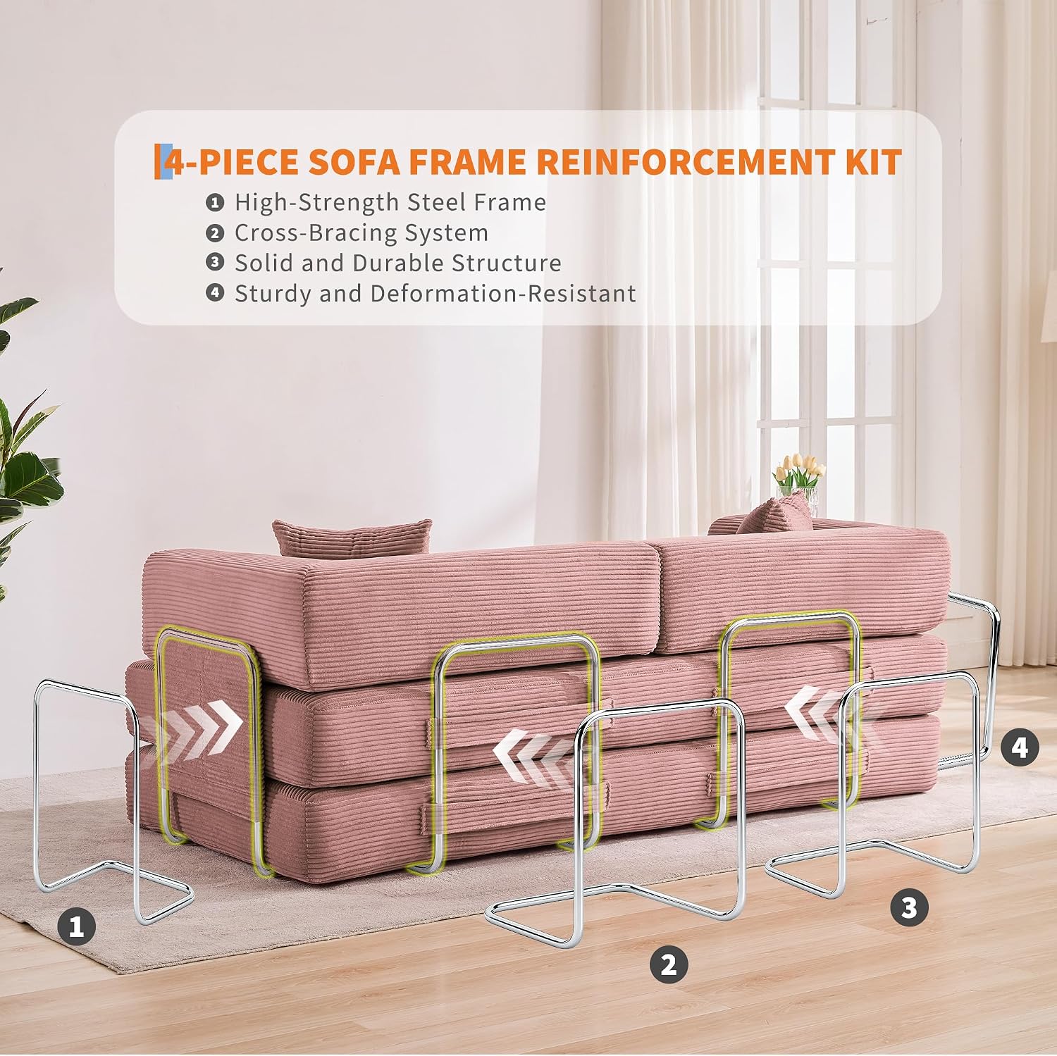 Garvee 5-in-1 Convertible Sofa Bed, 78.8' Modular Corduroy Sleeper with Sturdy Frame & No Assembly, Multi-Functional Futon for Small Space, Living Room & Guest Room (Pink)