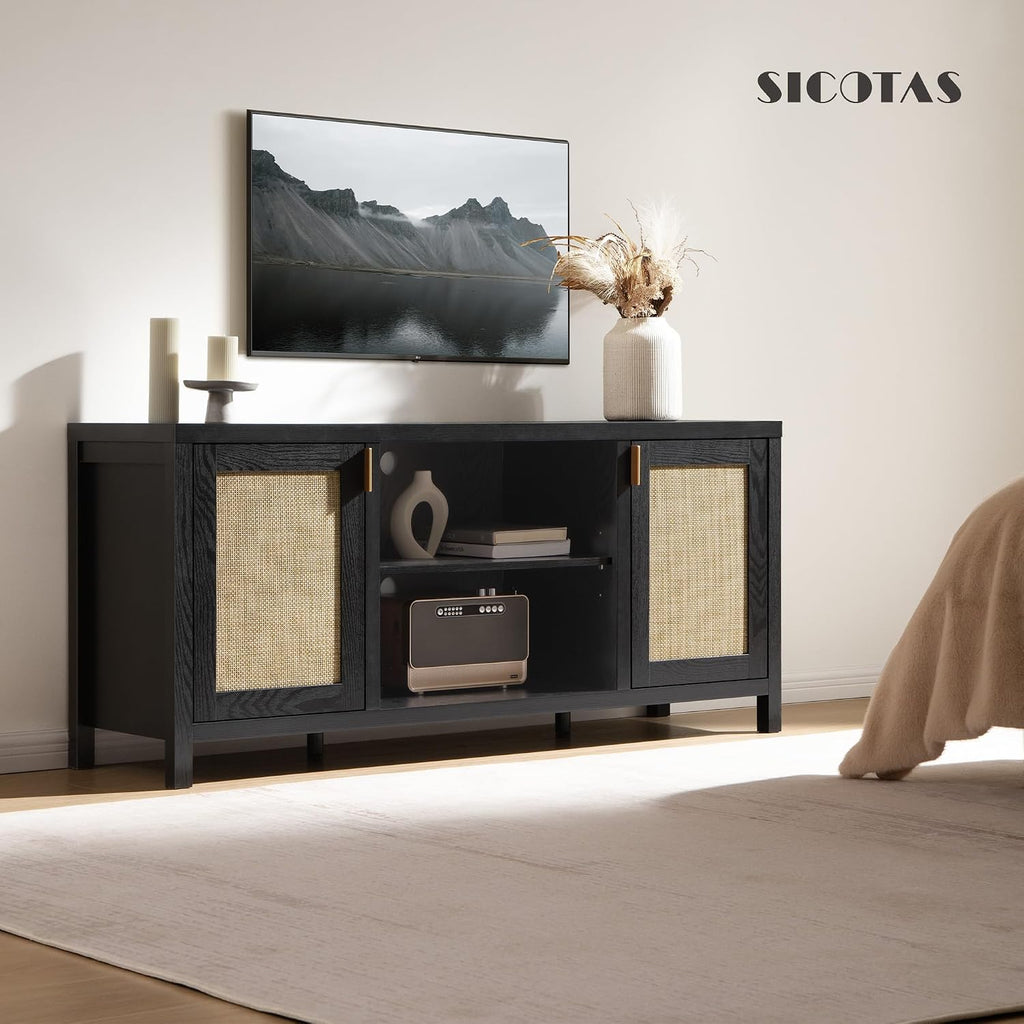 SICOTAS Rattan TV Stand for Living Room - 26' Tall Farmhouse Entertainment Center with Storage and Wicker Door, Media TV Console Cabinet for TVs Up to 65 Inch, Black Oak