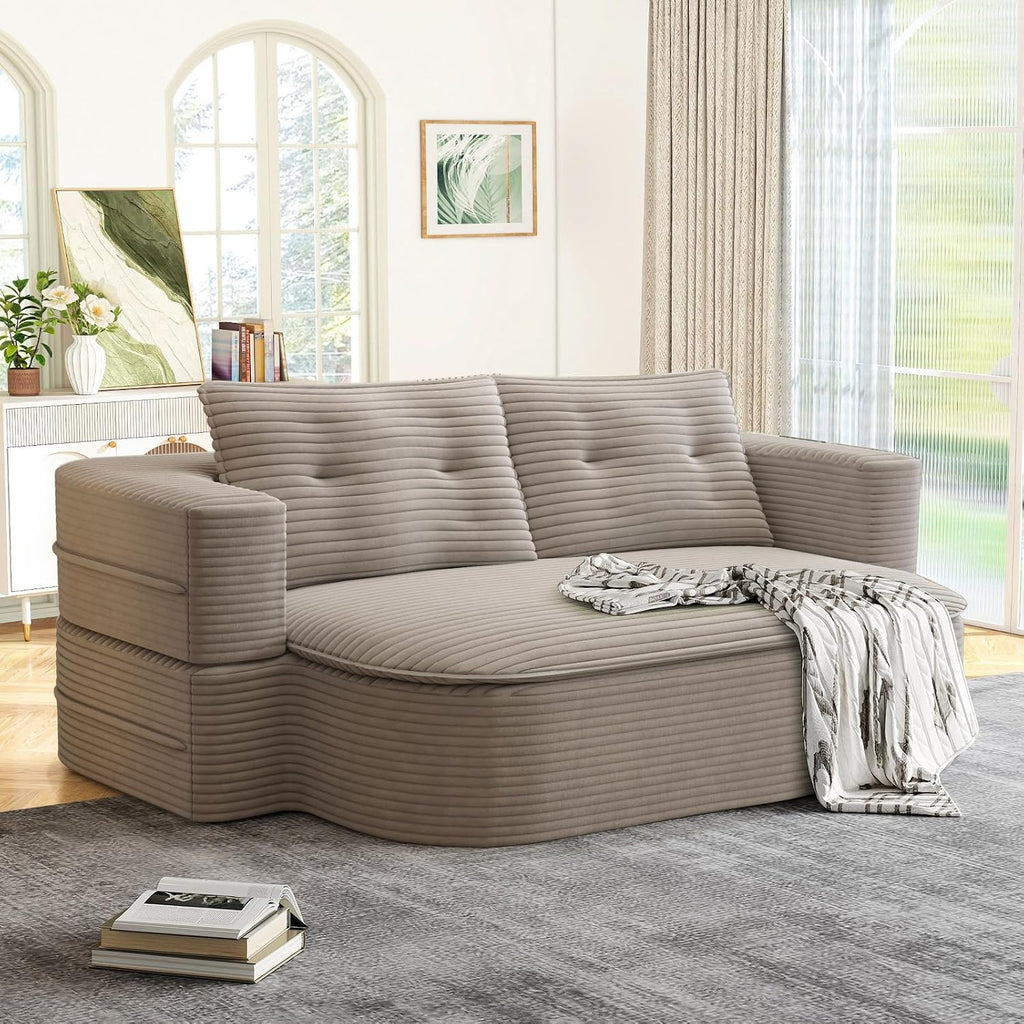 Convertible Sleeper Sofa, Modern 78-inch Folding Futon Corduroy Floor Foam Compression Loveseat Sofa Bed Couch, Foldable Full Size Guest Bed with 2 Pillows for Living Room Bedroom Apartment, Coffee