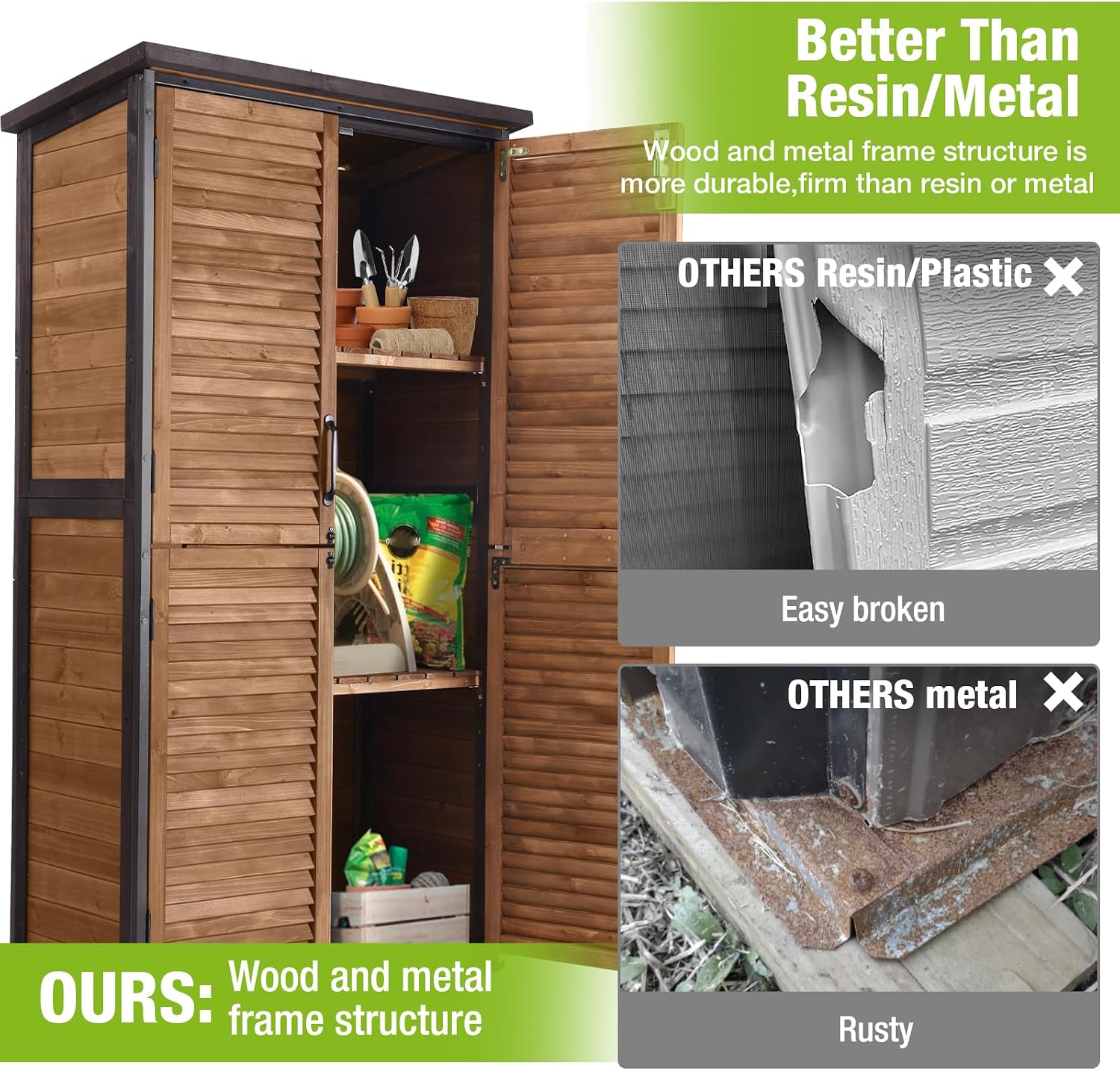 GUTINNEEN Outdoor Storage Cabinet Waterproof Metal Frame Wooden Storage Sheds Outdoor with Floor 4 Lockable Doors, 2 Adjustable Shelves, Garden Tool Shed for Patio Porch Backyard Lawn 63'