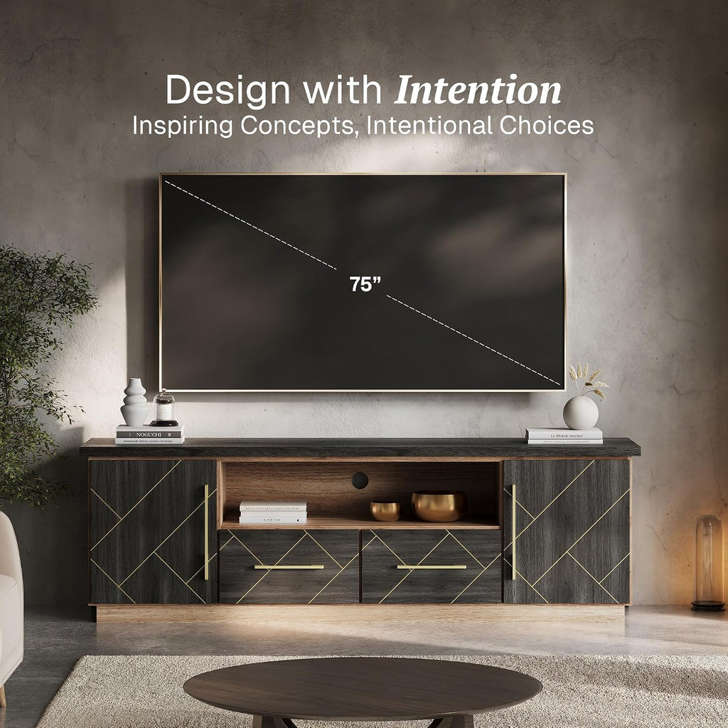 BELLEZE 70 Inch Modern TV Stand with Gold Trim, Elegant Entertainment Center with Storage, Media Console Table with Drawers & Open Shelves for Living Room (Espresso Black)