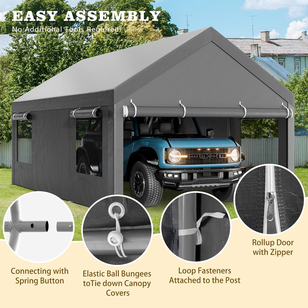 12x20 FT Heavy Duty Carport Canopy, All-Weather Vehicle Shelter with Roll-up Ventilation Windows & Removable Sidewalls, Portable Garage for SUV, Truck, Boat, Gray