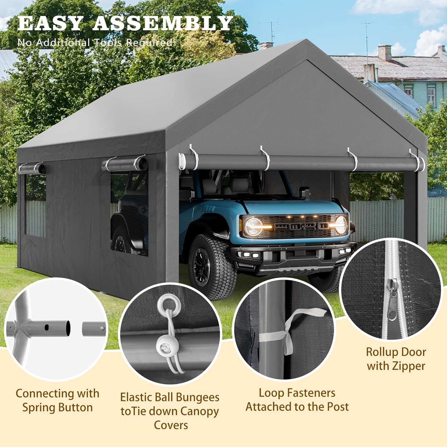 12x20 FT Heavy Duty Carport Canopy, All-Weather Vehicle Shelter with Roll-up Ventilation Windows & Removable Sidewalls, Portable Garage for SUV, Truck, Boat, Gray
