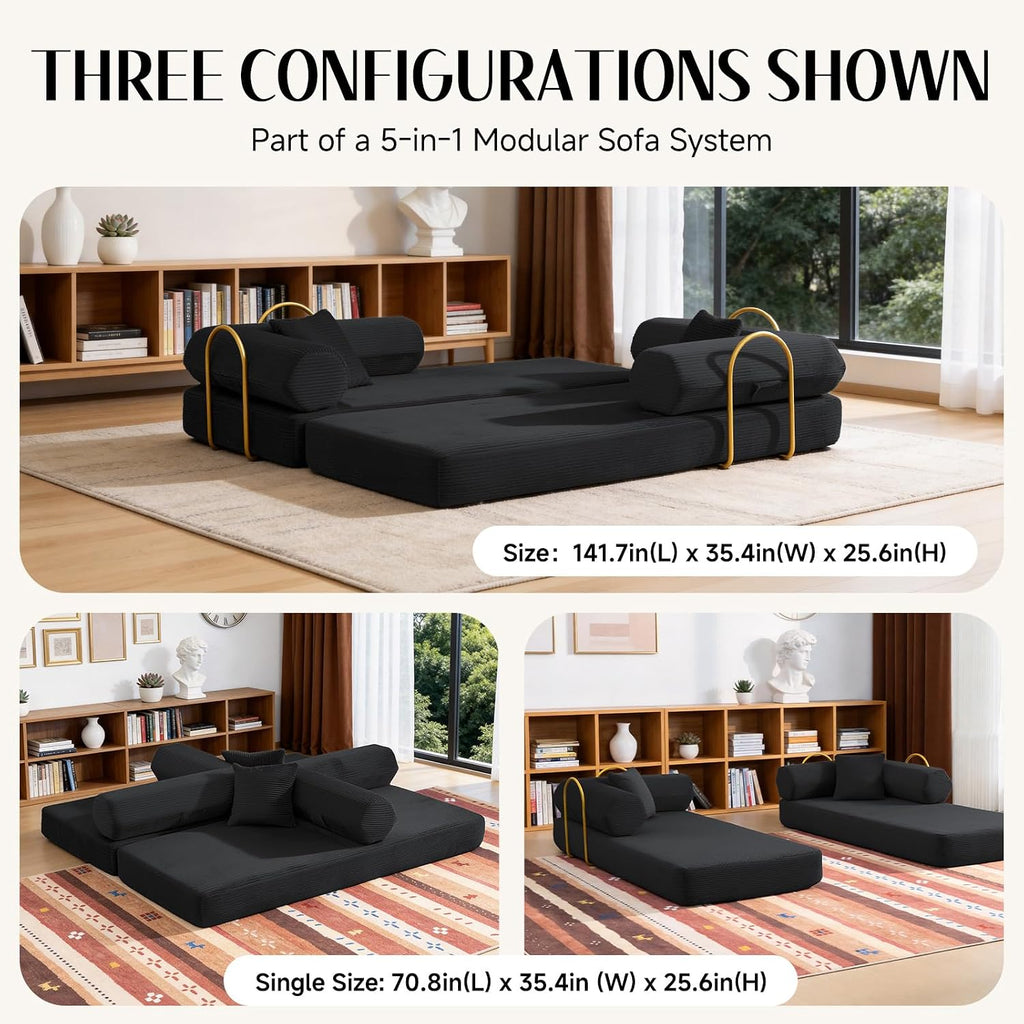 79' Corduroy Sofa Bed, Boneless Couch in a Box with 2 Pillows, High-Density Foam 4-in-1 Foldable Sleeper Futon Loveseat for Small Spaces, No Assembly, Side Pockets, Hex Arm Black
