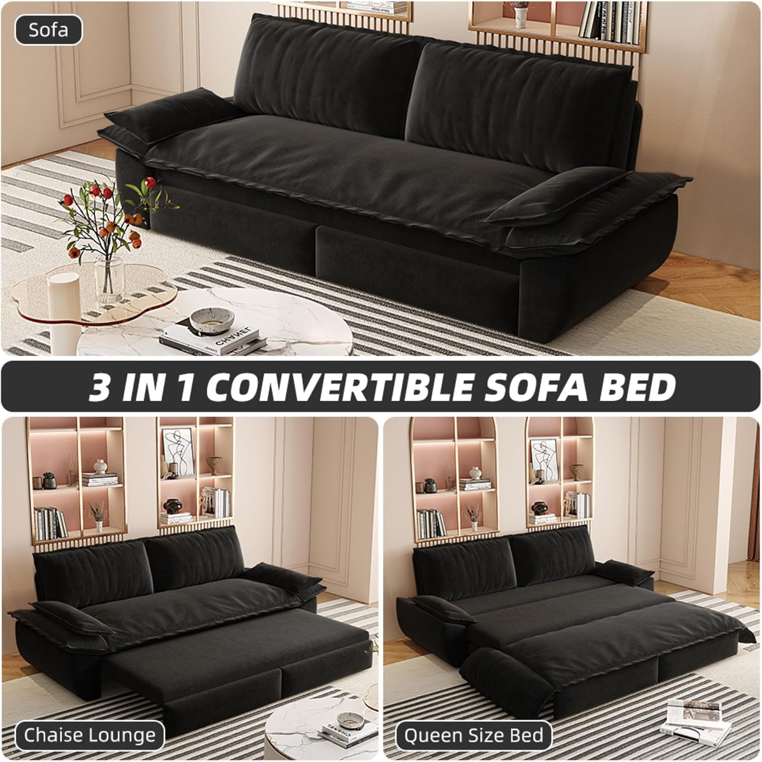 3 in 1 Convertible Queen Sleeper Sofa Bed Comfy Pull Out Futon Couch Bed 73.2' Modern Velvet Recliner Loveseat Sofa Multi-Functional Black Cloud Couch for Living Room,Apartment,Office (Black 73.2')
