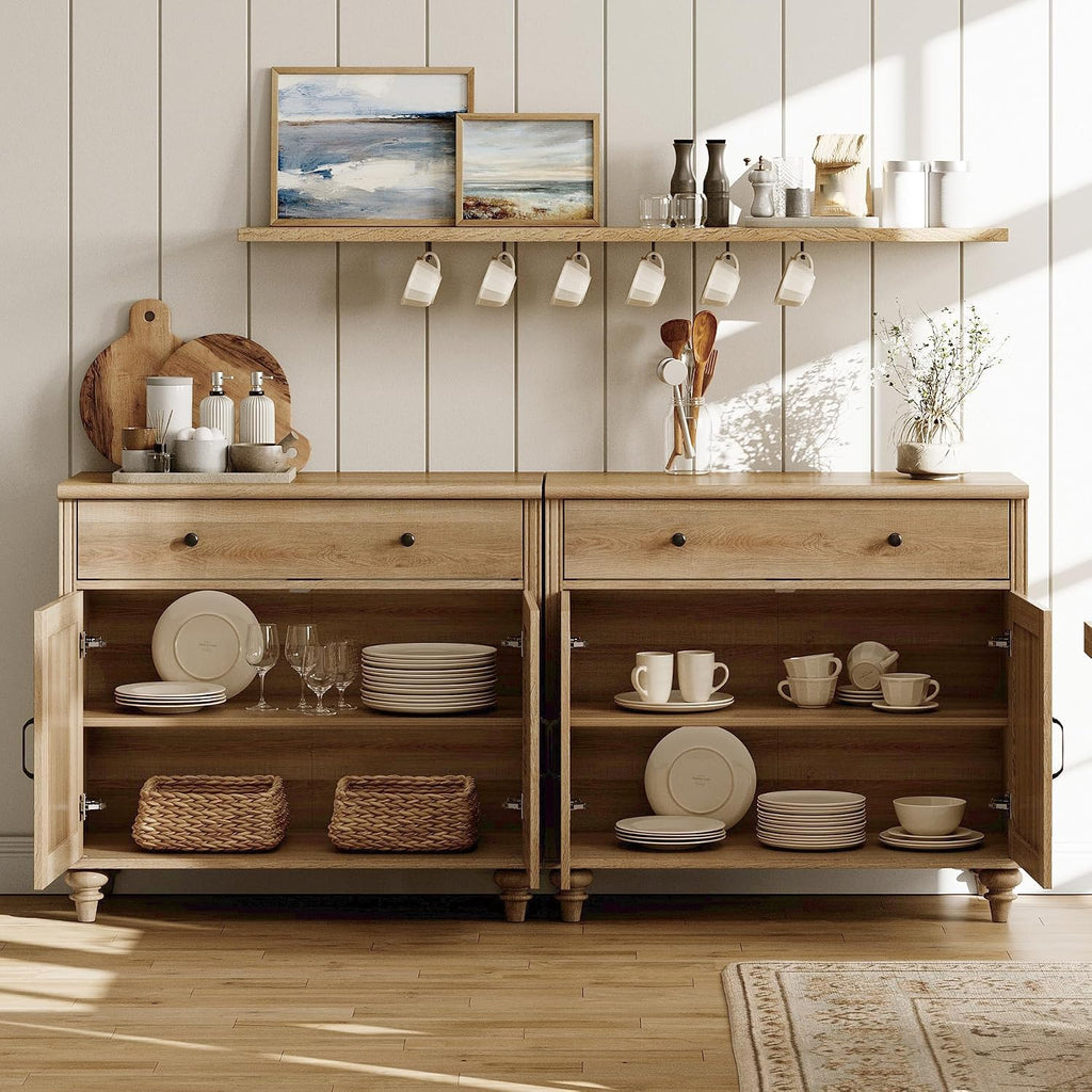 WAMPAT Farmhouse TV Stand for 75 inch TV with 4 Doors and 2 Drawers, Wood Universal TV Stand with Storage Cabinets, Oak Entertainment Center TV Console Table for Living Room, Bedroom