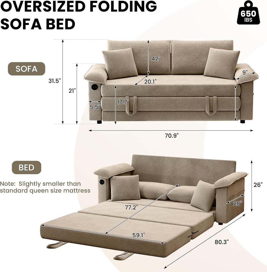 SUNWAVE 77' Sleeper Sofa Convertible Sofa Bed with USB Ports & Side Pockets, Chenille Loveseat Pull Out Couch with Full Size Sleeping Area, Folding Sofa Bed for Living Room & Small Spaces (Khaki)