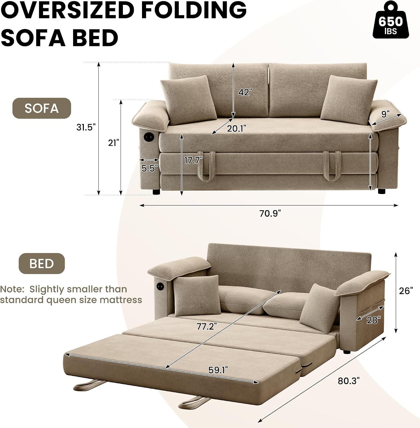 SUNWAVE 77' Sleeper Sofa Convertible Sofa Bed with USB Ports & Side Pockets, Chenille Loveseat Pull Out Couch with Full Size Sleeping Area, Folding Sofa Bed for Living Room & Small Spaces (Khaki)