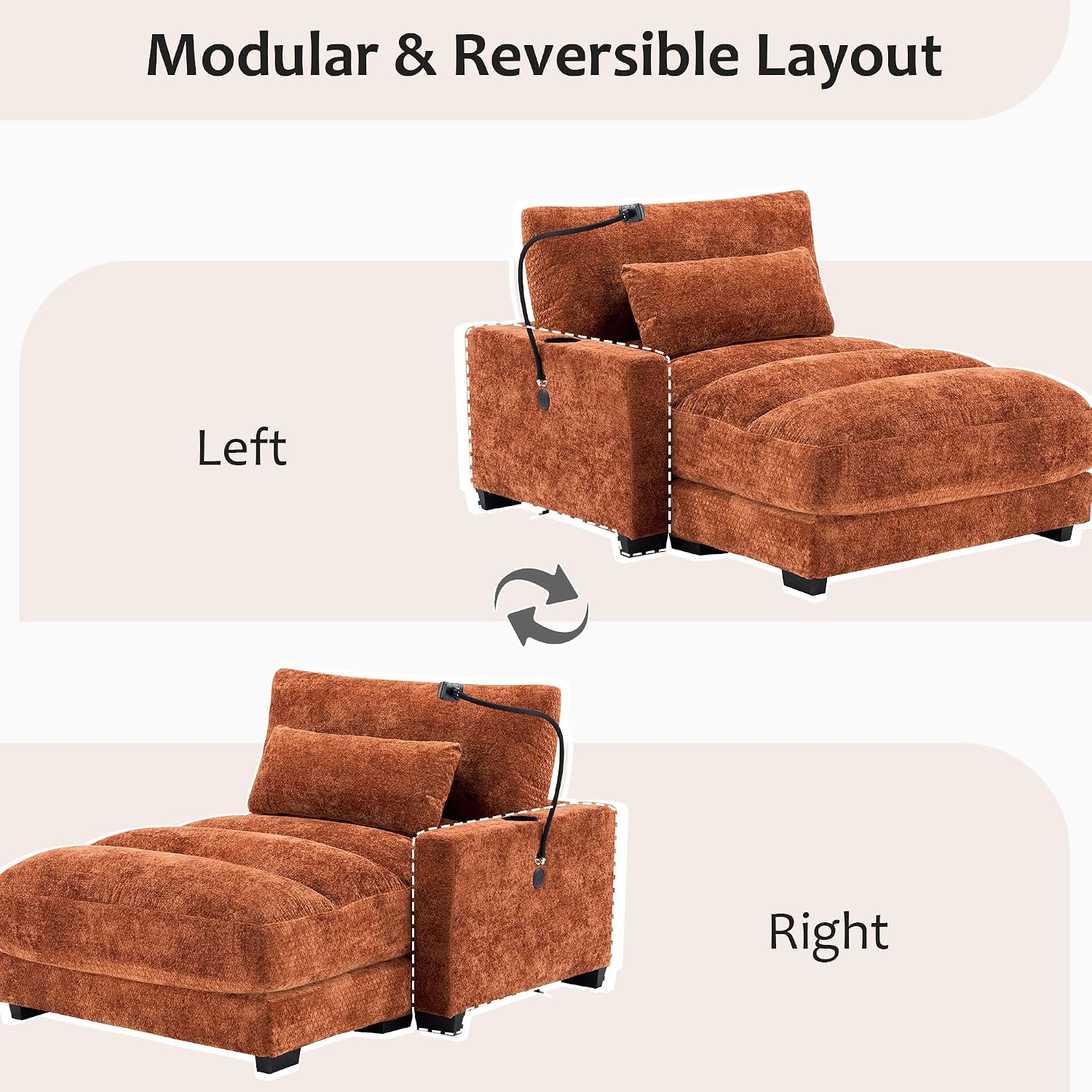 Yoglad Oversized Recliner Lounge Chair Set of 2 with USB Charging & Phone Holder - 400lb Heavy Duty Soft Chenille Reading Chair for Adults, Perfect for Small Spaces in Bedroom/Living Room, Orange