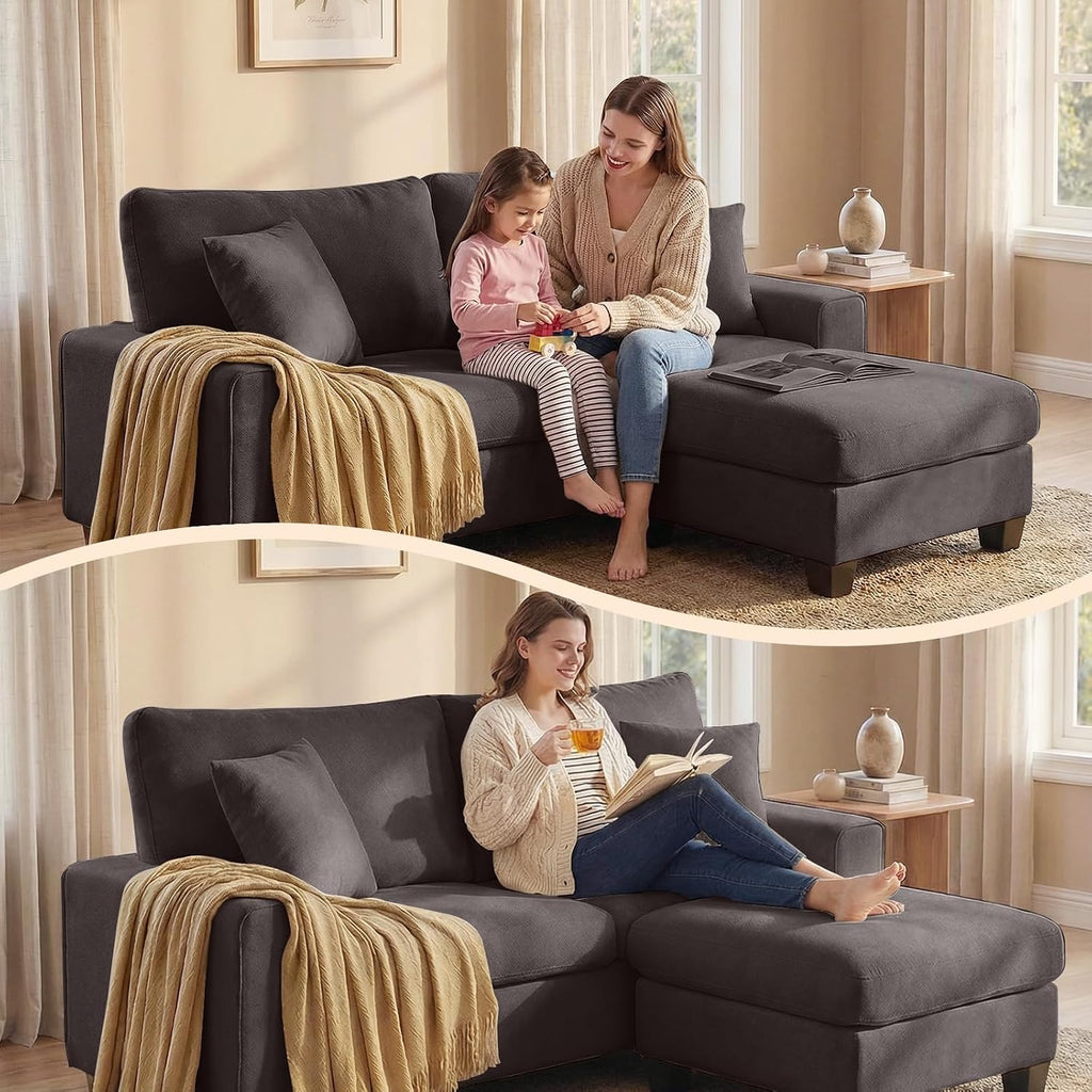 DOPEDIO L-Shaped Sectional Sofa with Storage Ottoman, Modern Chenille Recliner Loveseat, Removable Couch Covers, Pocket Spring Cushions, Solid Wood Frame, Easy to Install (71.25inch, Dark Grey)