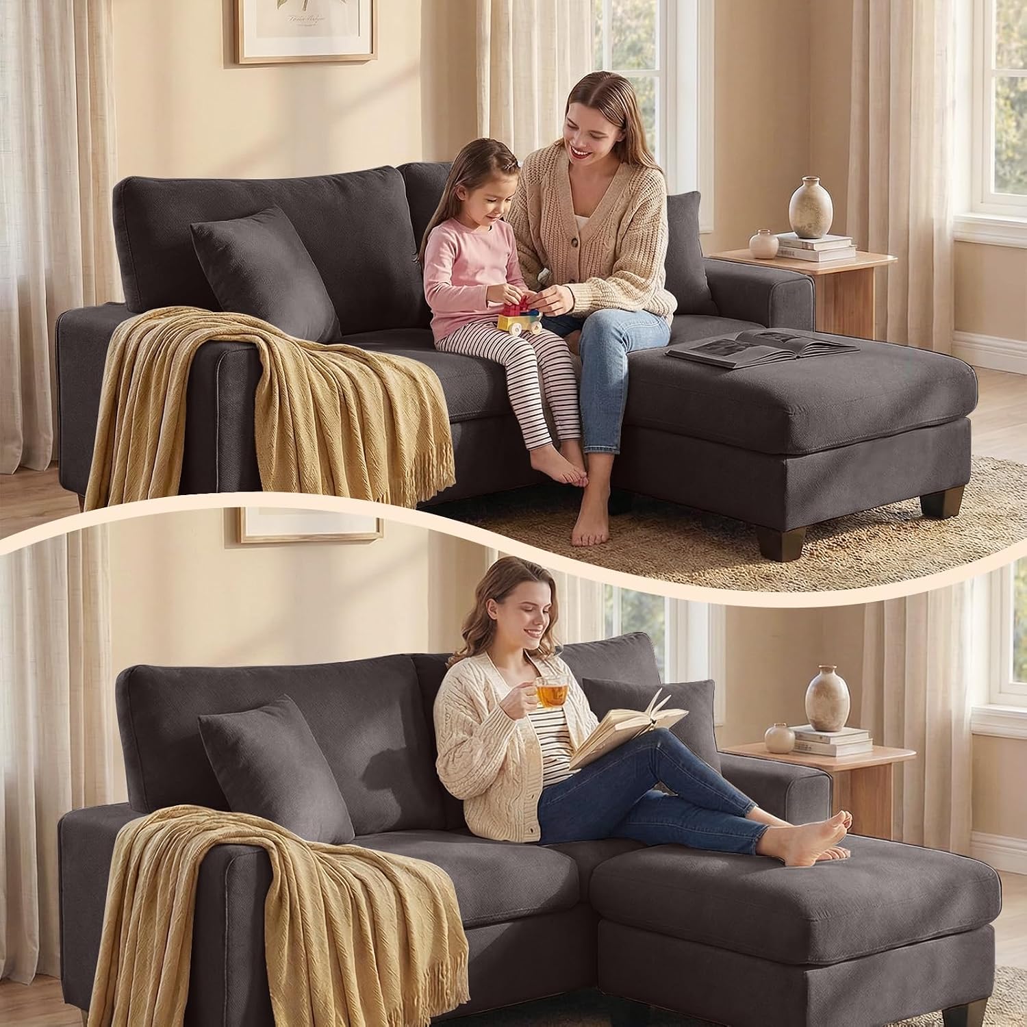DOPEDIO L-Shaped Sectional Sofa with Storage Ottoman, Modern Chenille Recliner Loveseat, Removable Couch Covers, Pocket Spring Cushions, Solid Wood Frame, Easy to Install (71.25inch, Dark Grey)