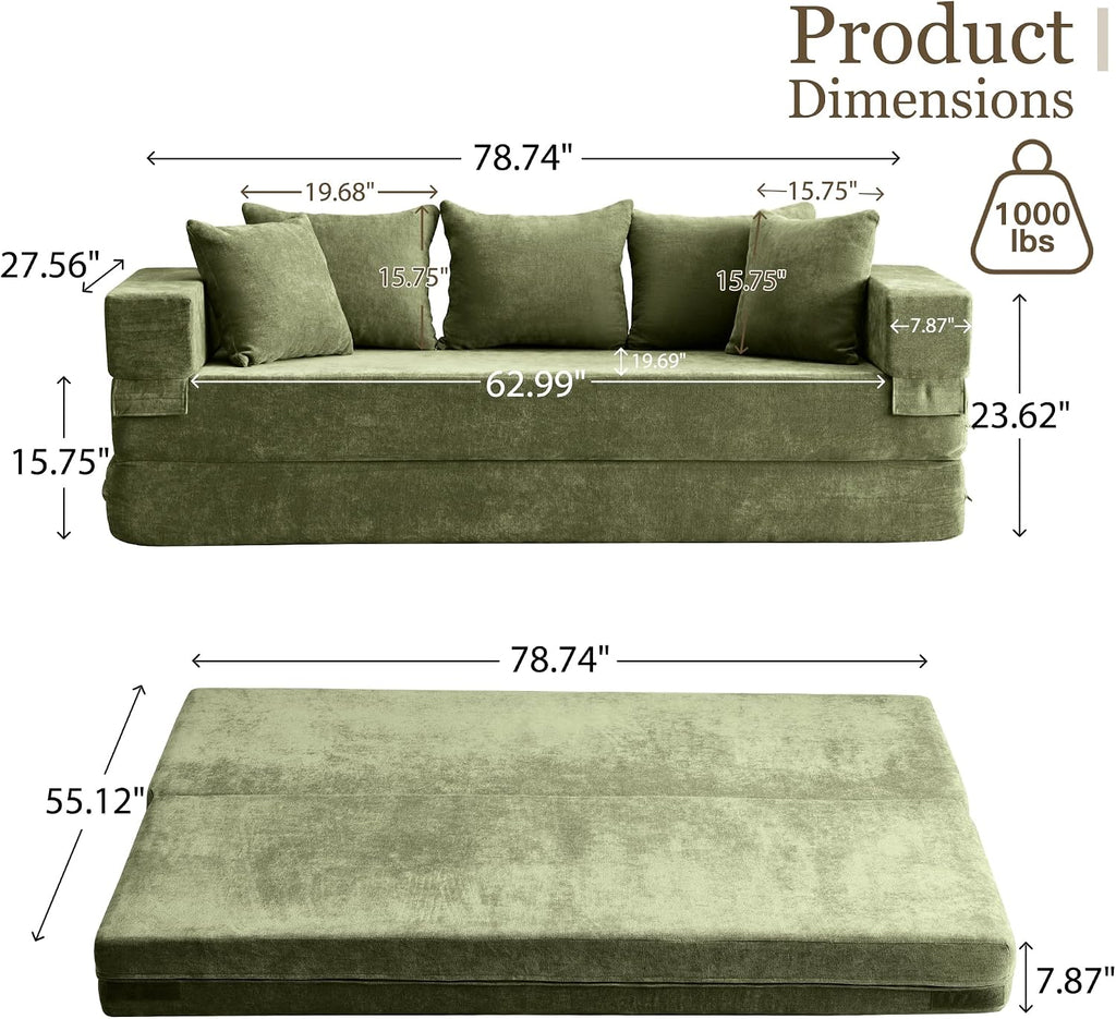 79' Convertible Folding Sofa Bed Queen, Sleeper Sofa Couch with Armrest and Pillows, Chenille Fold Out Floor Chaise Lounge, Comfy Foldable Futon Mattress For Living Room, Bedroom (Green 7.87')