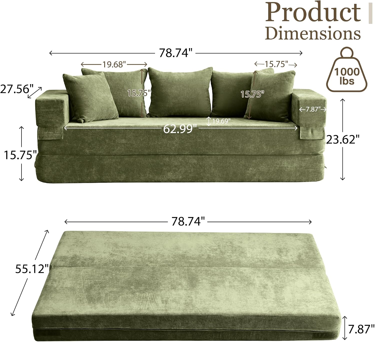 79' Convertible Folding Sofa Bed Queen, Sleeper Sofa Couch with Armrest and Pillows, Chenille Fold Out Floor Chaise Lounge, Comfy Foldable Futon Mattress For Living Room, Bedroom (Green 7.87')