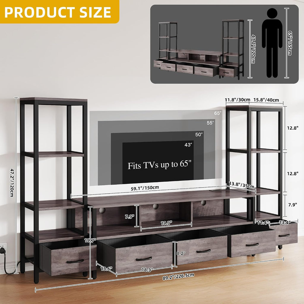 DWVO Entertainment Center with Bookshelves, LED TV Stand for 65/60 inch TV, Farmhouse TV Stand for Living Room with 2 Industrial 4-Tier Bookshelves & Power Outlets, Grey