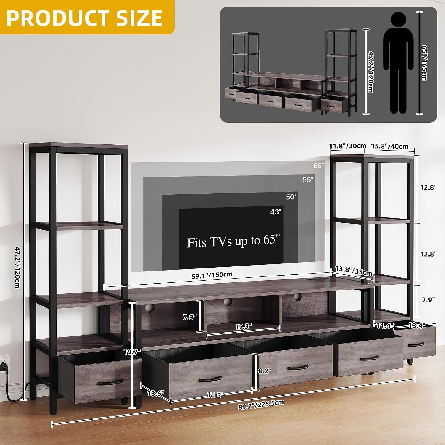 DWVO Entertainment Center with Bookshelves, LED TV Stand for 65/60 inch TV, Farmhouse TV Stand for Living Room with 2 Industrial 4-Tier Bookshelves & Power Outlets, Grey