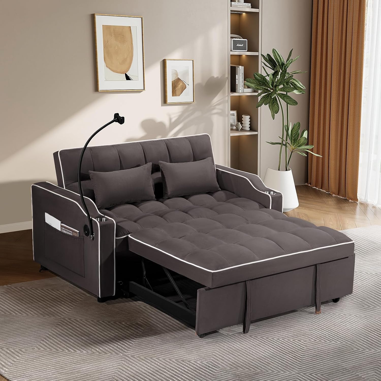 JEEOEHY 3 in 1 Convertible Sleeper Sofa Bed,Velvet Pull Out Couch Bed w USB&Type C Port,Comfy Futon Loveseat with Adjustable Backrest&Phone Holder for Living Room Apartment Small Space(Brown)