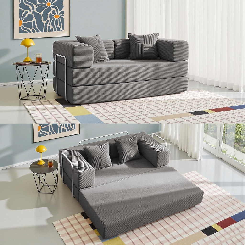 YINIX Sofa Bed, 62'' Folding Floor Couch, Compressed Convertable Sleeper Sofa, Memory Foam Couch with Pillow Back Support Armrest, 4-in-1 Futon Sofa Bed for Living Room, Silver