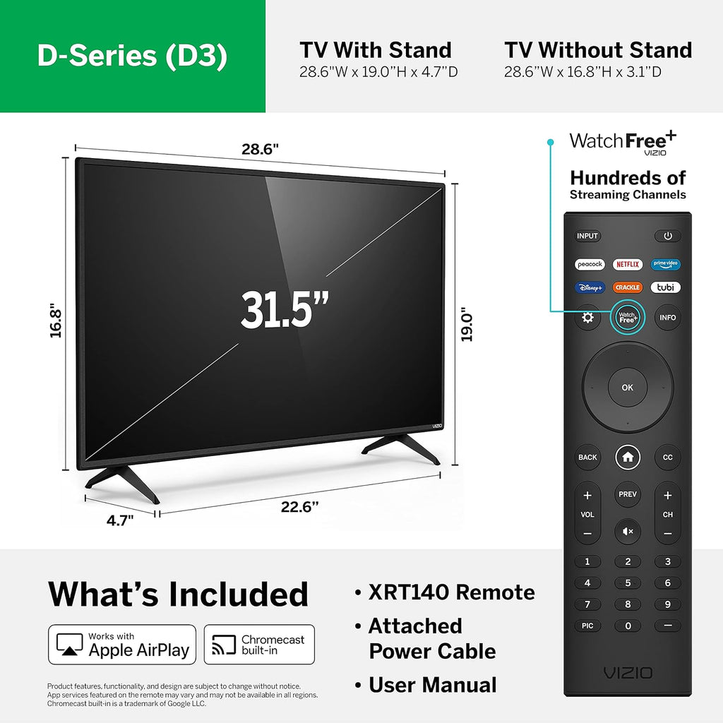 VIZIO 32-inch D-Series Full HD 1080p Smart TV with Apple AirPlay and Chromecast Built-in, Alexa Compatibility, D32f4-J01, 2021 Model