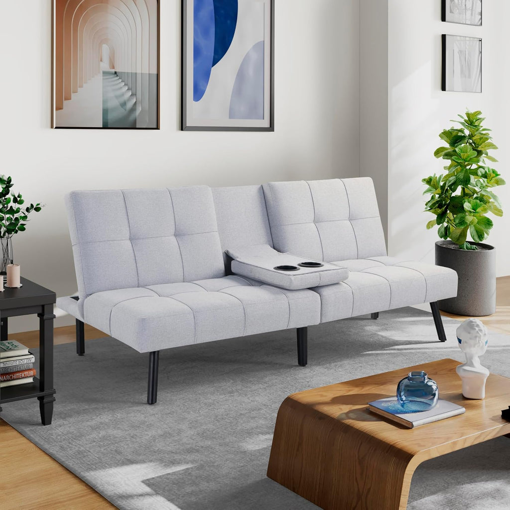 Serta Larken 65' Convertible Futon Sofa, Short Twin Size, Modern, Center Console w/Cup Holders, Dream Coil Comfort, Fingerguard Pinch Point Protection, Soft Woven Polyester Fabric, Light Gray
