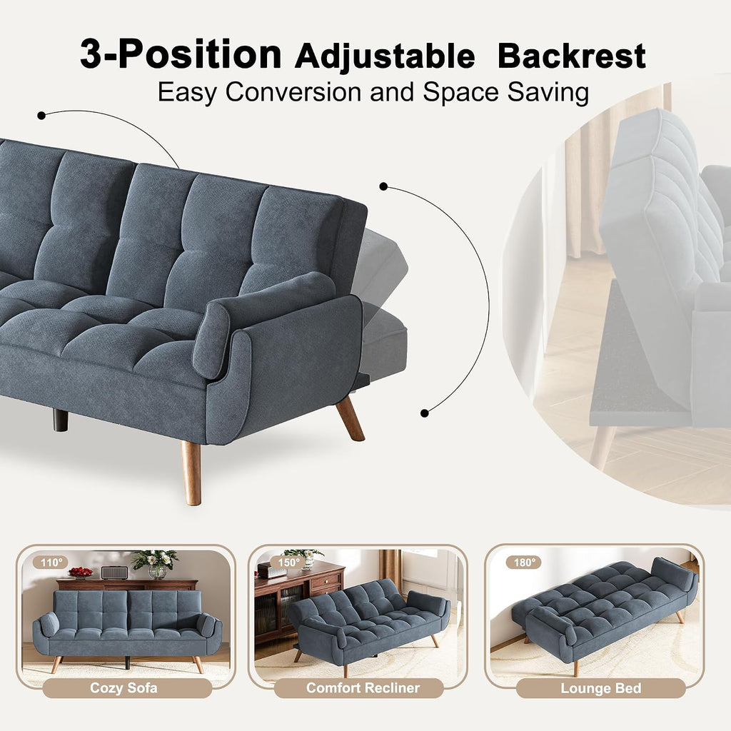 Futon Couch for Small Spaces & Apartment, 2-in-1Modern Comfy Loveseat Convertible Sofa Bed, 75.4-Inch Compact Design for Living Room, Dorms, and Studios-Dark Grey