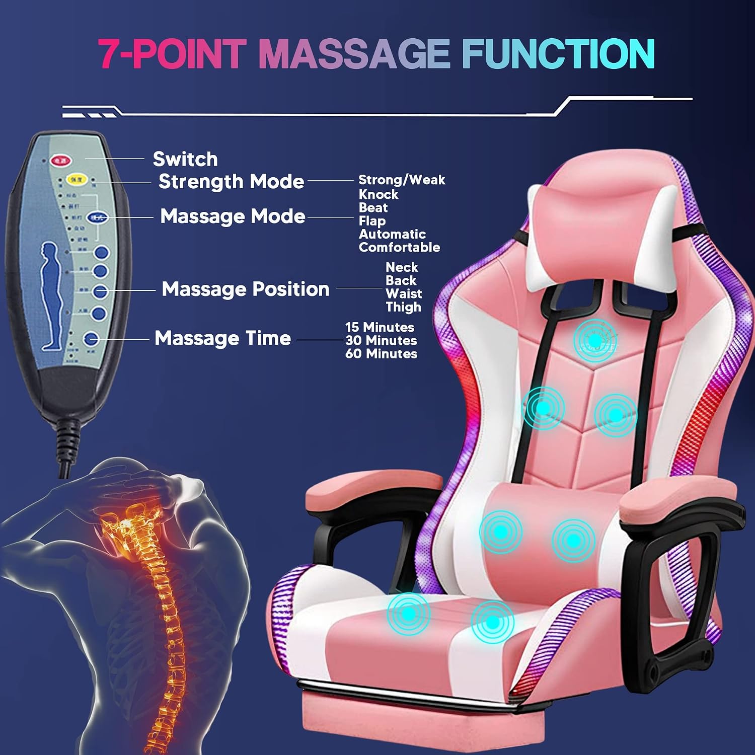 LED Gaming Chair Computer Gaming Chair with Bluetooth Speakers and RGB Lights Full Massager Gamer Chair Swivel Recliner Ergonomic Lumbar Support Video Game Chair for Adults Teens,Pink