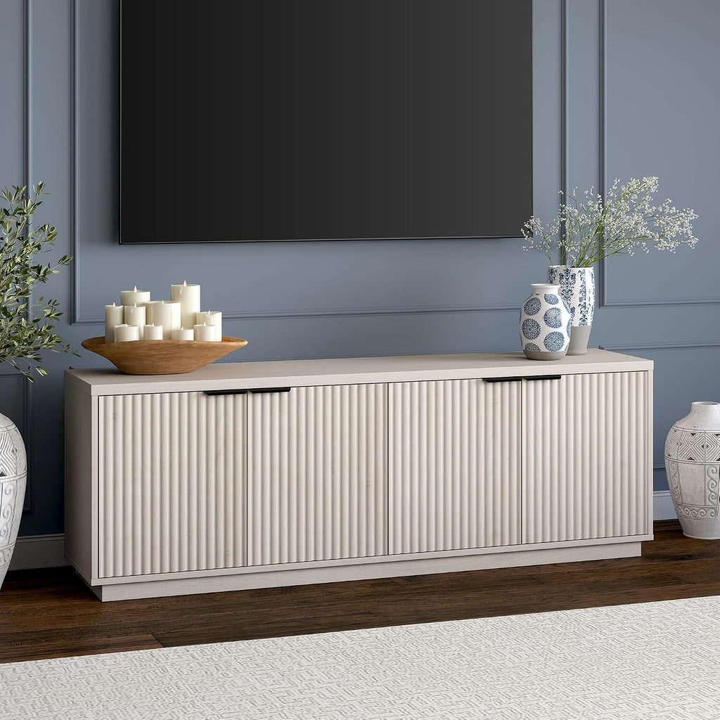 Henn&Hart Fluted TV Stand for TVs up to 78' with 2 Ribbed Storage Cabinets and Adjustable Shelves for Living Room, Family Room, or Office, Beech White