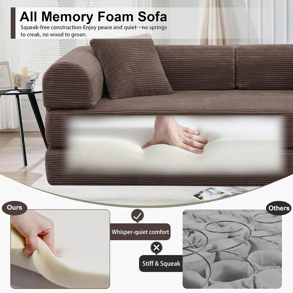 JJJ 78 inch Sofa Bed 4-in-1 Boneless Convertible Corduroy Sleeper Folding Couch with Fixed-Shape Frame and 2 Futons No Assemble Required 3 Seater Upholstered for Living Room (Brown, 78 inch)