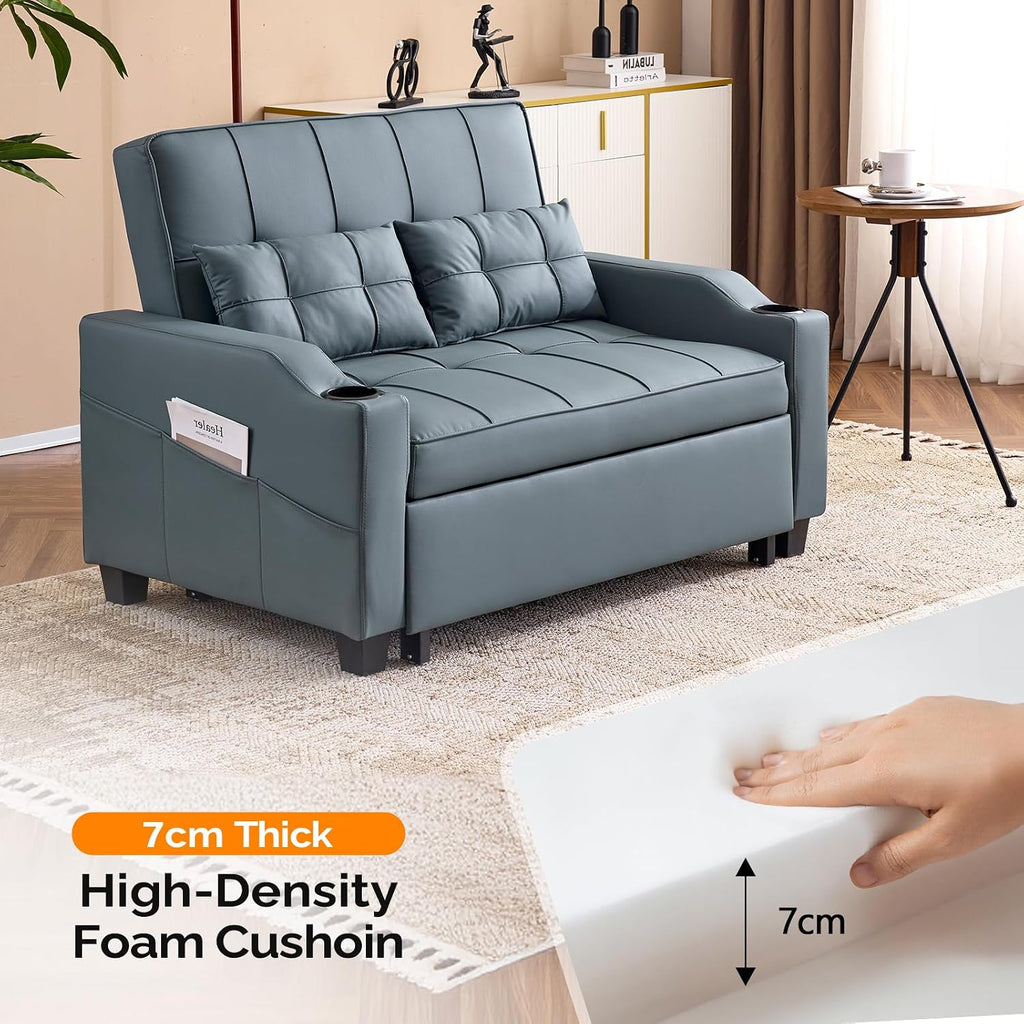 VINGLI Futon Sofa Bed Convertible Loveseat Sleeper Couch, Blue Grey Faux Leather Pull Out Couch Bed with USB Ports, Cup Holders, Armrest for Living Room, Bedroom Apartment Room
